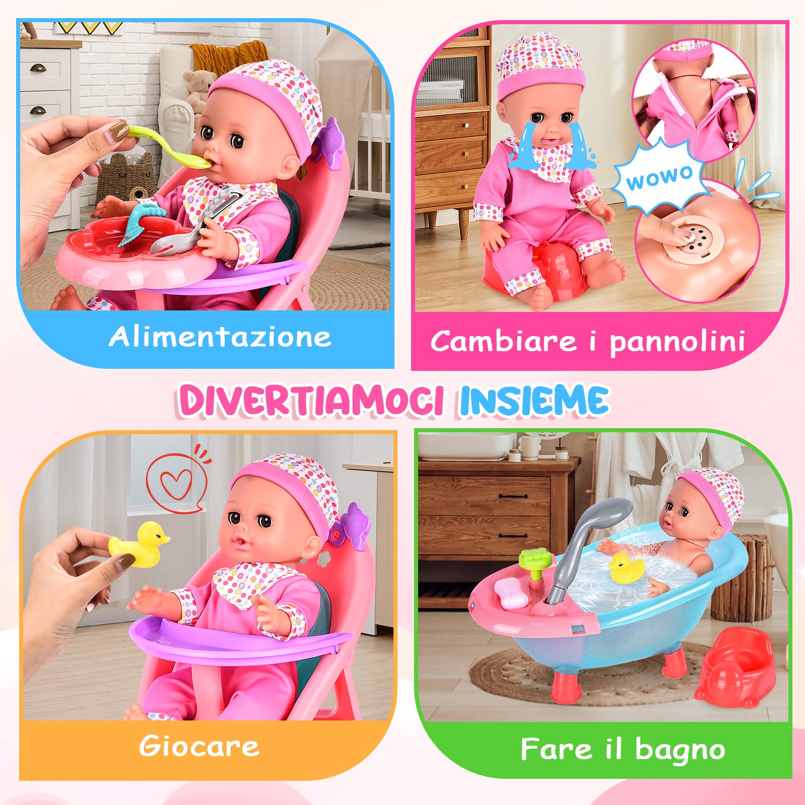 Aragallant Bambolotti e Accessori - 25 Pezzi Set con Bambola Bebé, Seggiolone, Biberon, Ciuccio, Pannolini - Regalo per Bambini