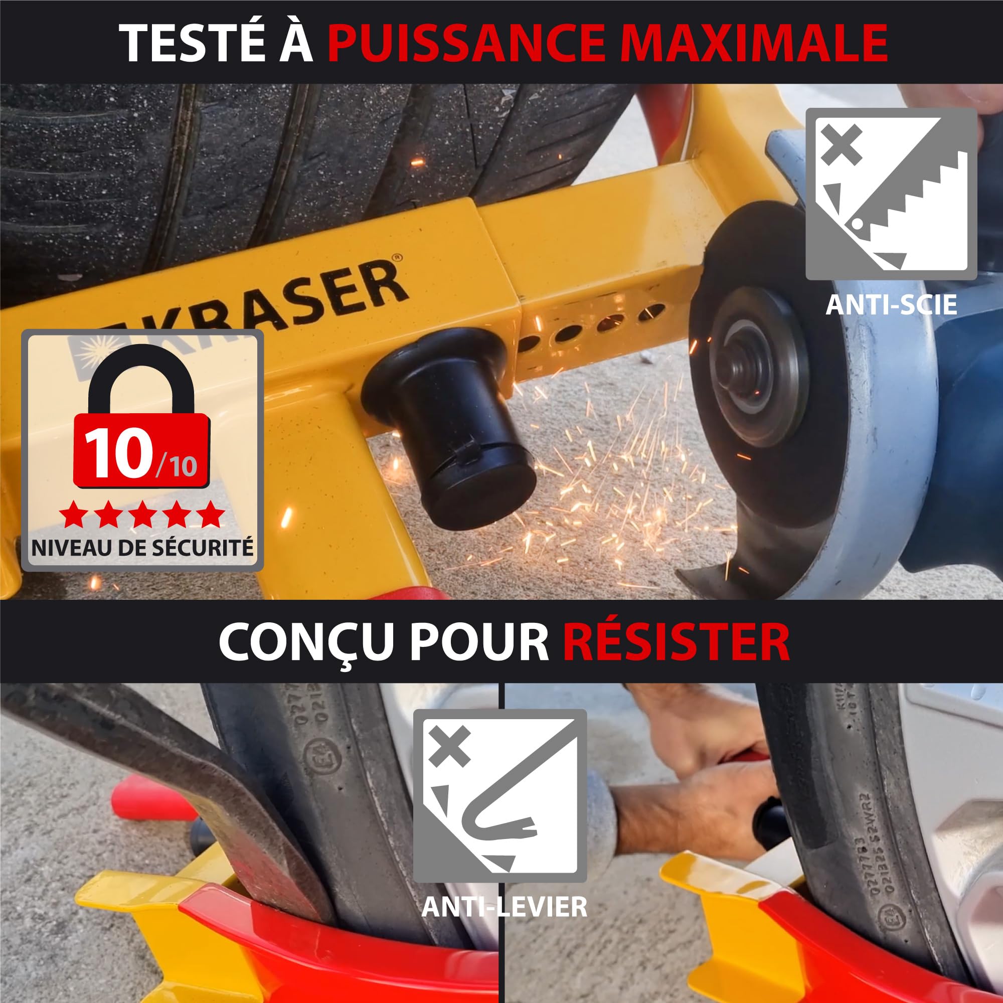 KRASER WA820 Antivol Voiture Sabot Roue, N1 Allemagne, Haute Sécurité Serrure Anti-Perçage, Antivol Caravane Visible Dissuasif, Blocage Anti vol Universel Réglable 18-29 cm Auto, Camping Car, Remorque
