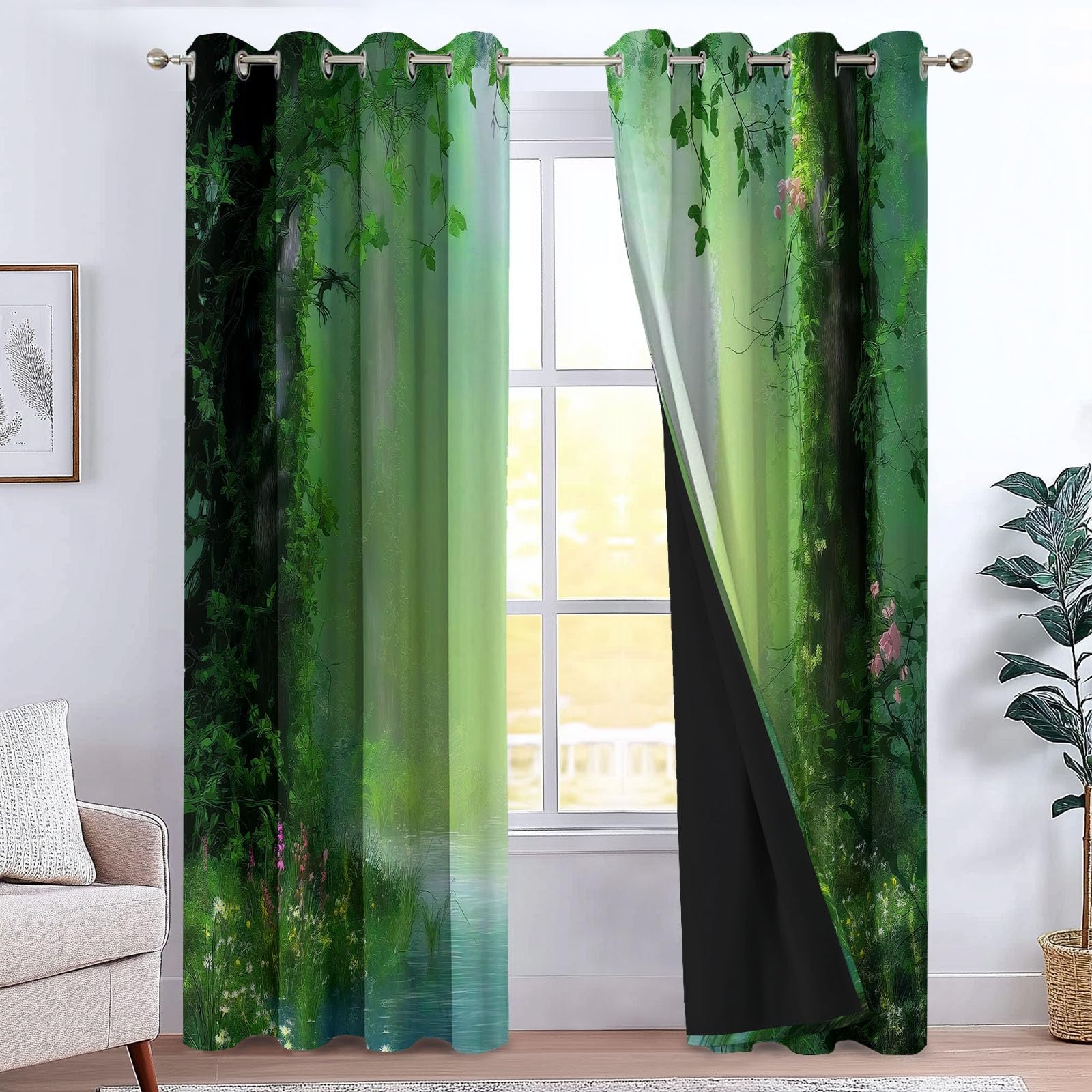 Generico 110 x 215 cm zasłony 2 panele, Anime magiczny las kwiaty zasłony zaciemniające na okna, zielone zasłony dekoracyjne dla dzieci chłopców dziewcząt sypialnia i salon kuchnia