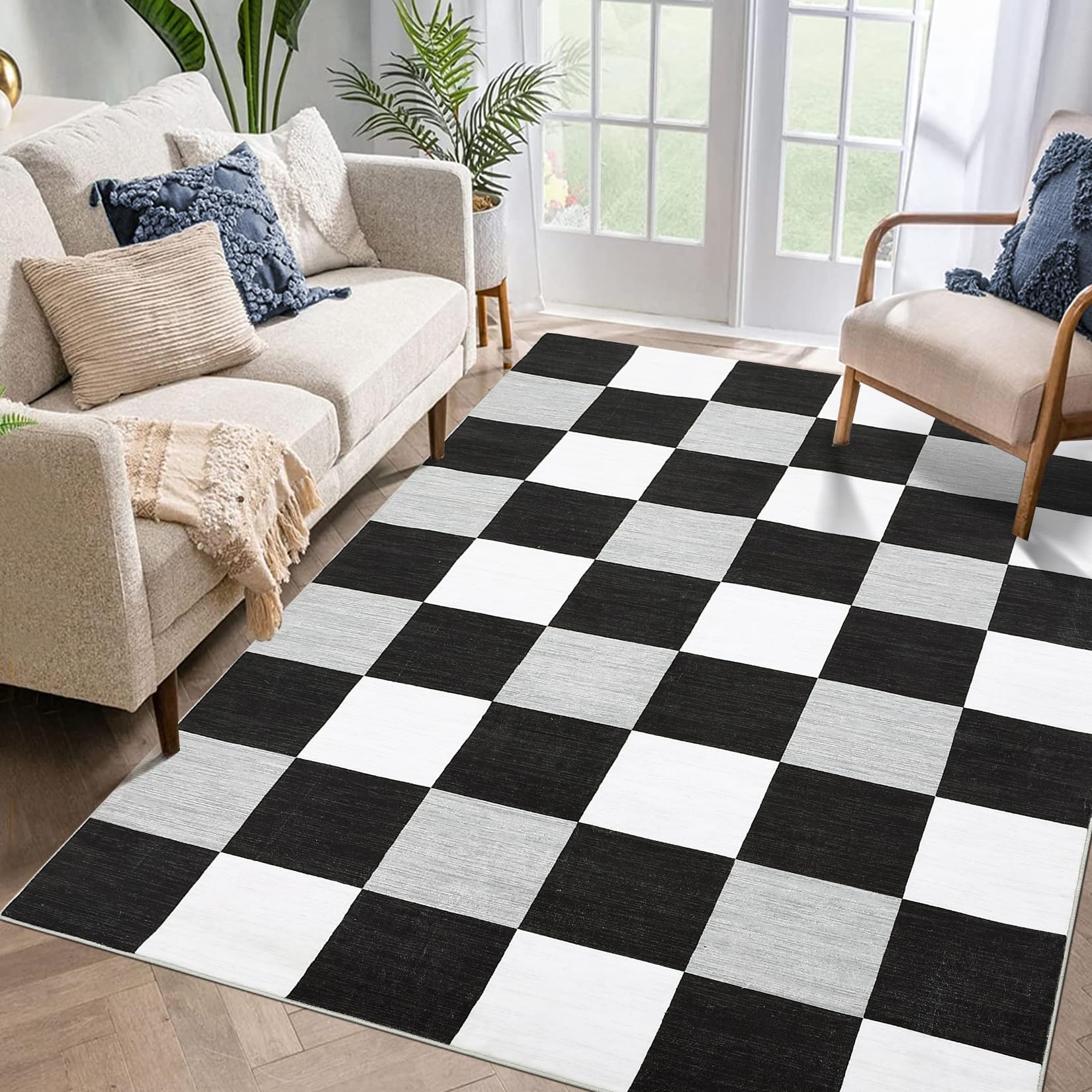 GarveeHome Area Rugs for Living Room, Washable 5x7 Area Rugs Ultra-Thin Foldable, Modern Print Decorative Plaid Rugs for Bedroom Dining Room, White Grey & Black