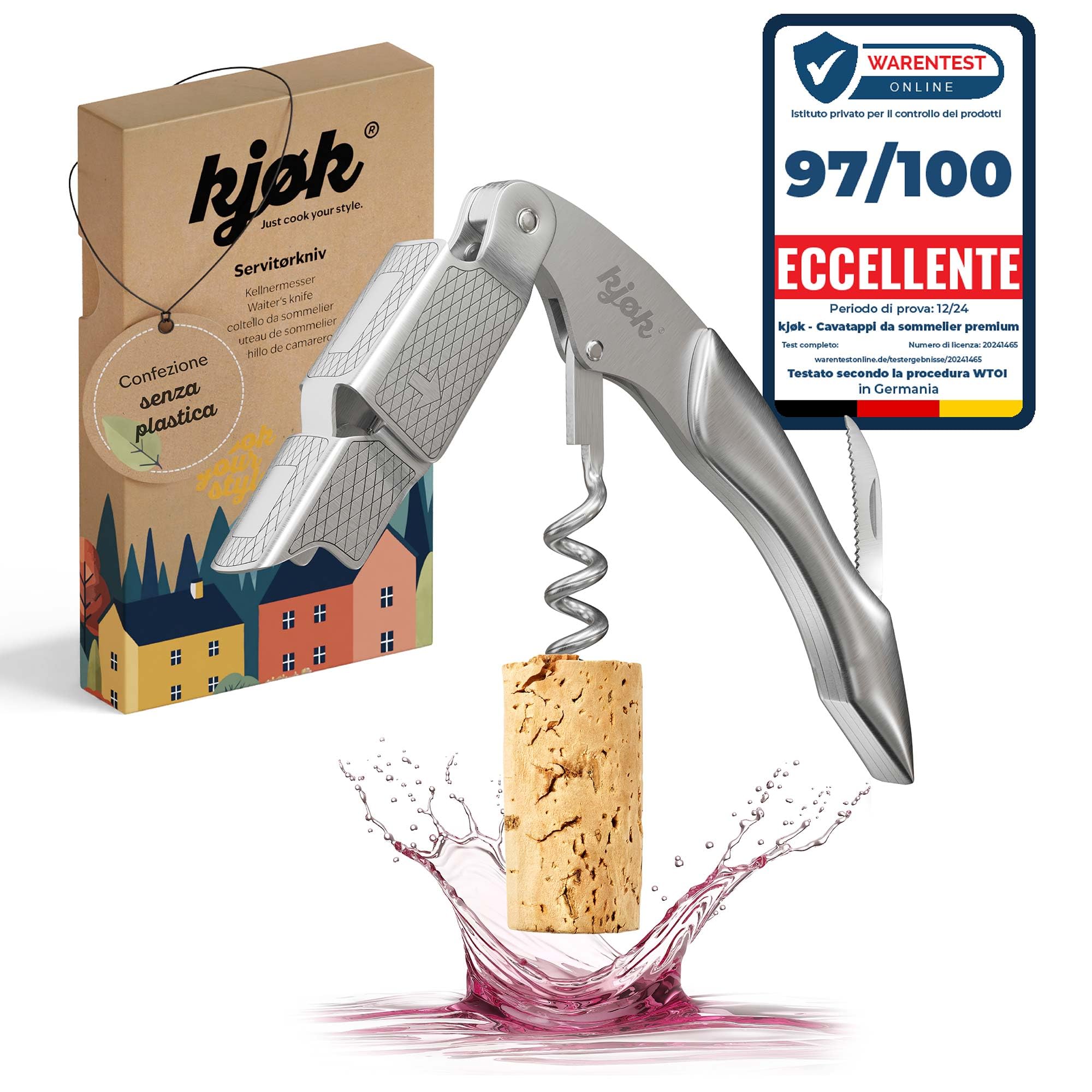 kjøk Premium Cavatappi da sommelier in acciaio inox spazzolato – con taglia-capsule e apribottiglie, pieghevole (133 g) – l'utensile professionale da cameriere per casa e ristorante