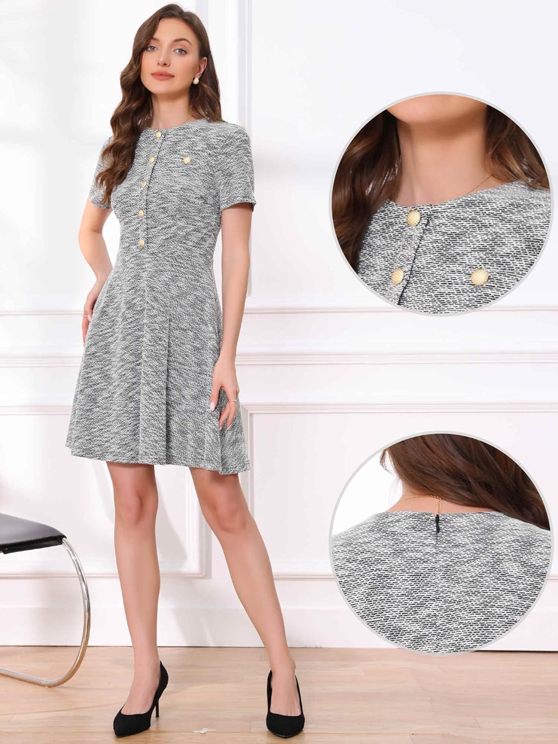 Allegra K Plaid Tweed Dress for Women's Button Up Round Neck Short Sleeve A-Line Vintage Mini Dresses - Image 4
