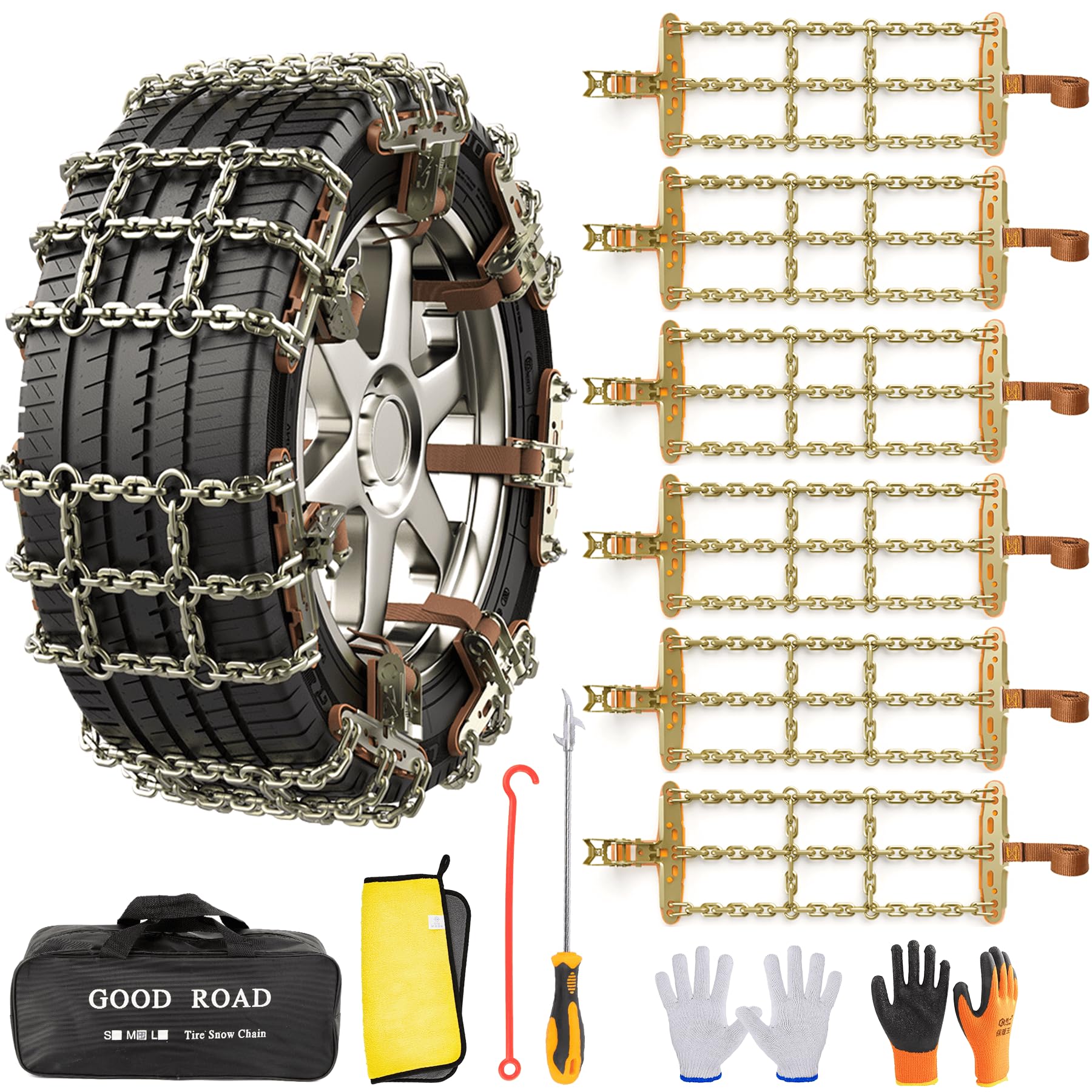 AutoChoice Emergency Snow Chains, Tire Chains with Thickened Manganese Steel for Car Truck SUV in Ice, Sand and Mud(6 Packs, Tire Width 235-285mm)