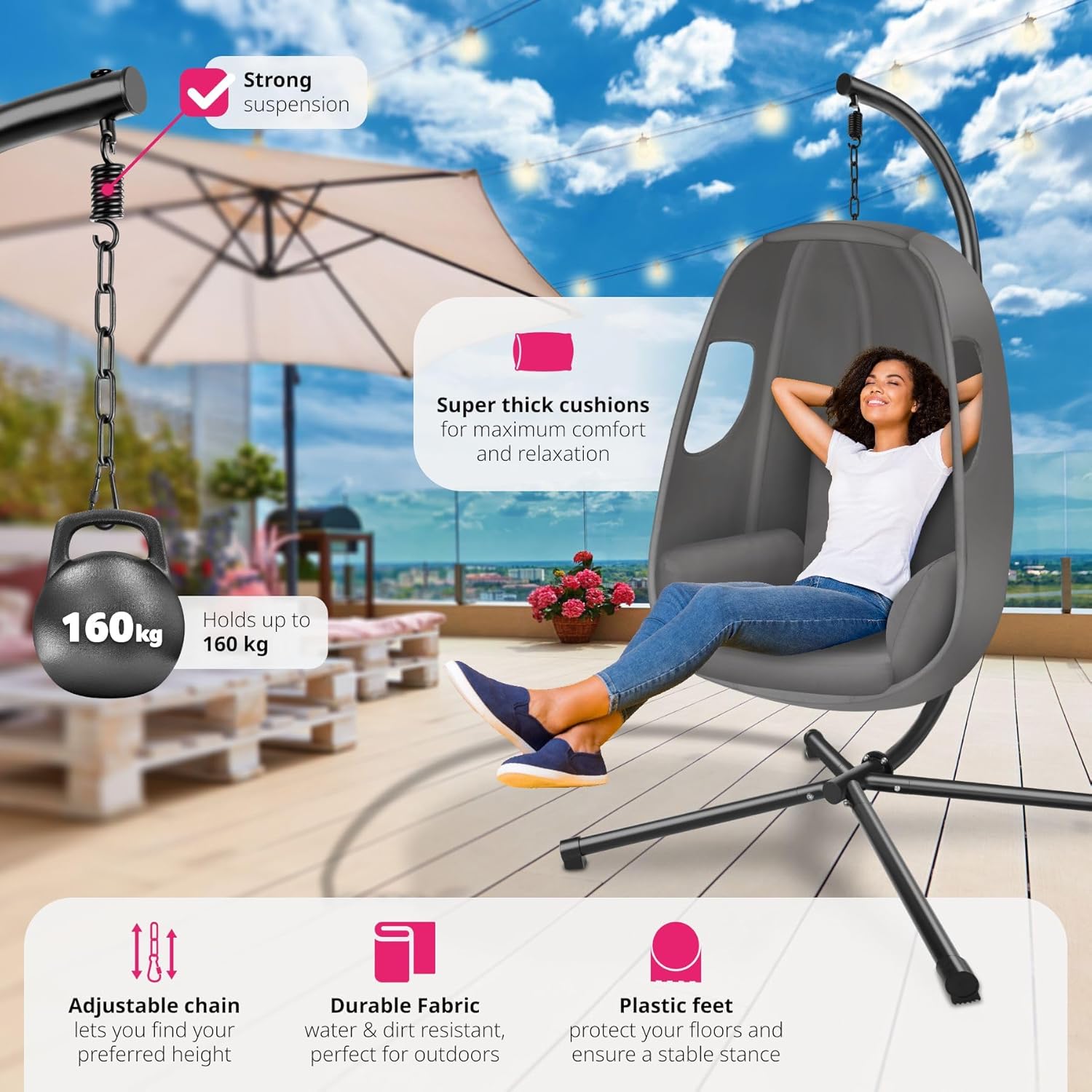 Person relaxing in the tectake Hanging Egg Chair, highlighting comfort and weight capacity