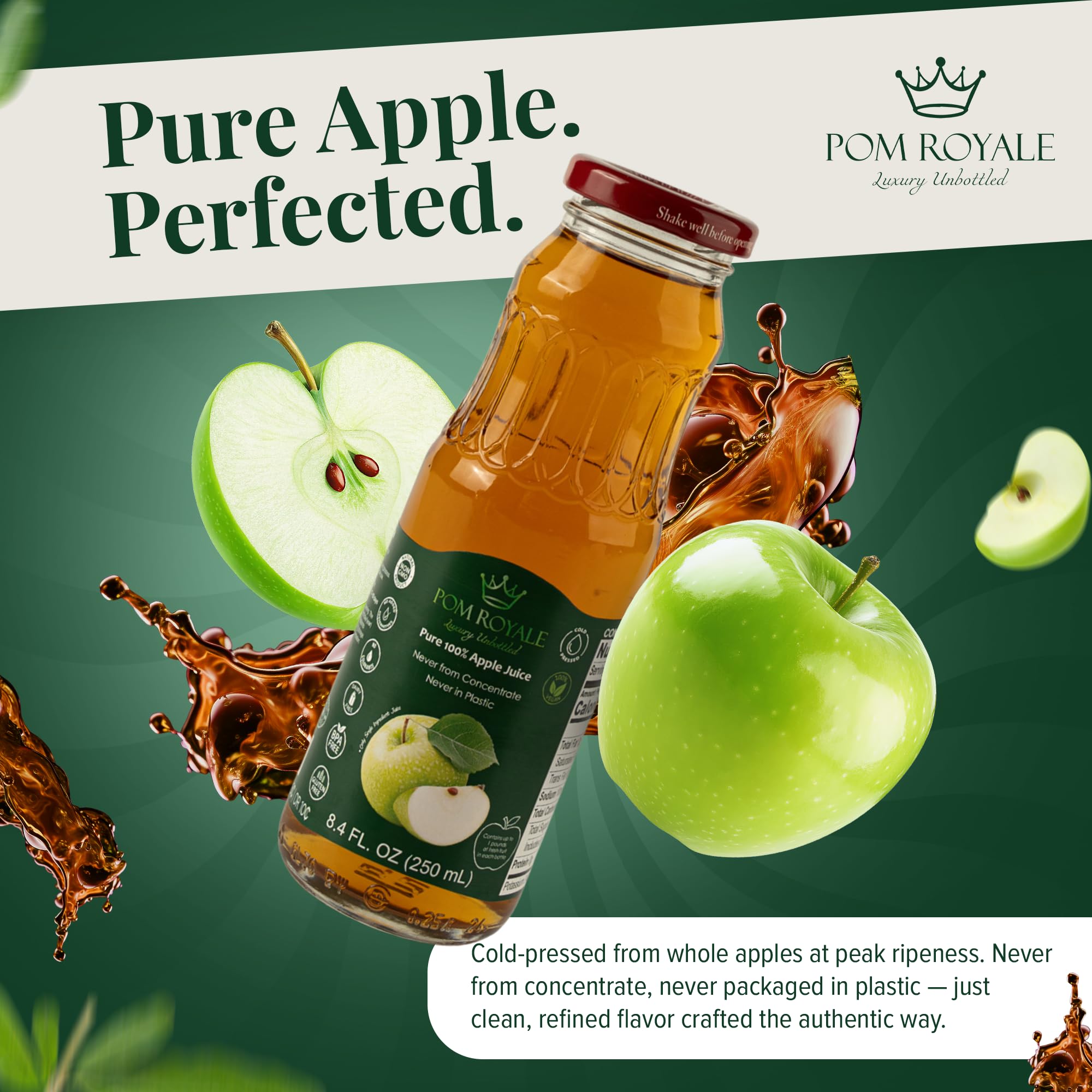 Pure Apple Juice, 8.4oz Glass Bottle (Pack of 12), Cold Pressed Juice, Not from Concentrate, Non-GMO, No Sugar Added, Gluten Free, Kosher Certified, Preservative Free — view 3