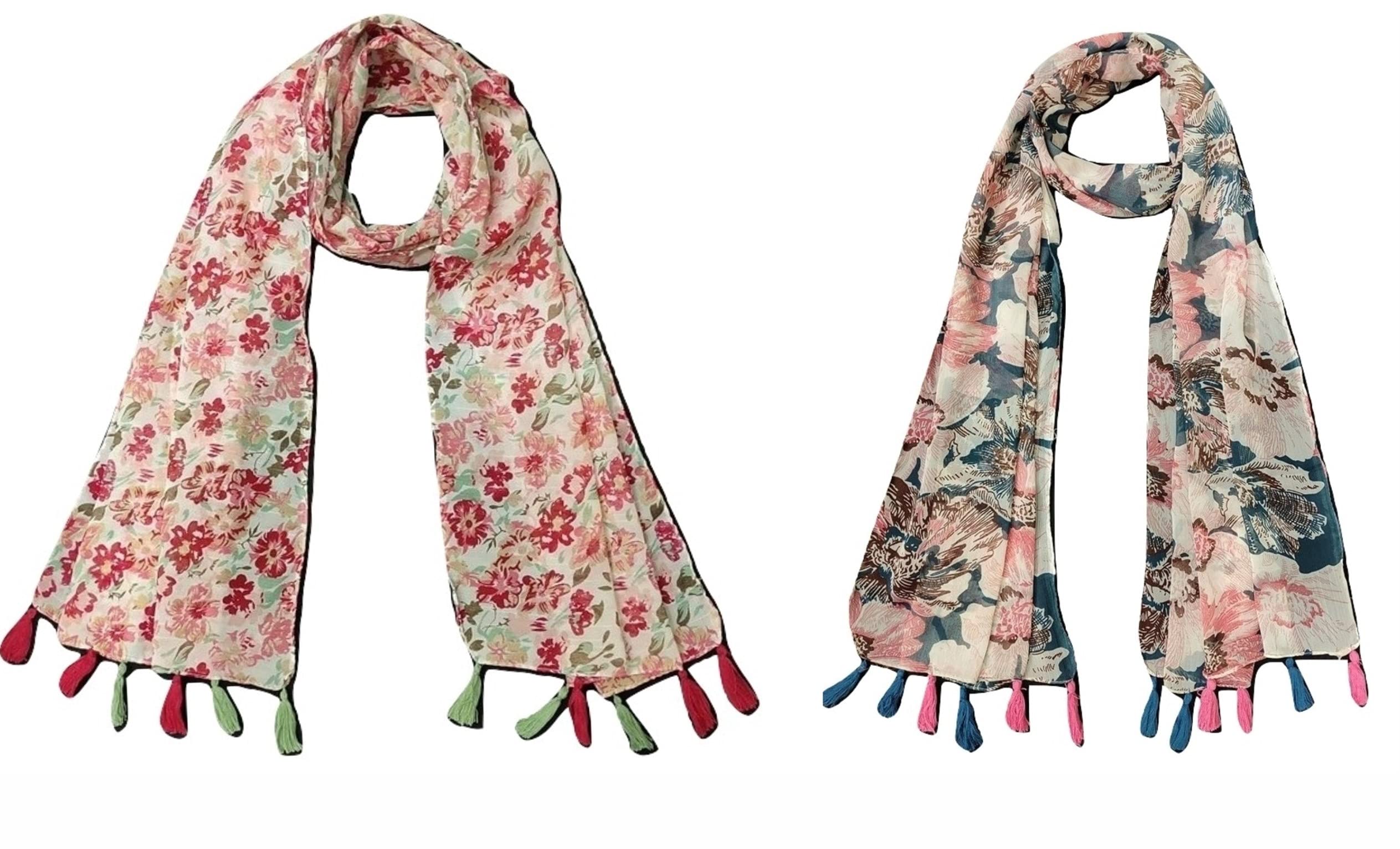 ™ women's printed chiffon multicolored scarf and stoles with tassels - set of 2 (st094)