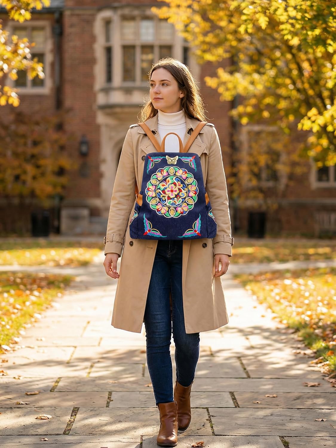 Jursccu Denim Embroidered Floral Canvas Backpacks for Women Anti theft Retro Jeans Travel Ethnic Style Shoulder Bag (Jean Navy Blue) - Image 6