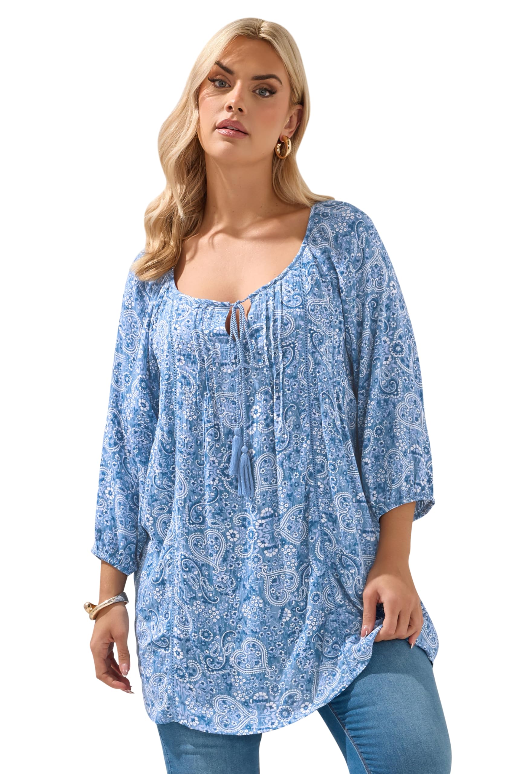 Yours Women's Paisley Sequin Tie Neck Top in Blue | Size: 22-24