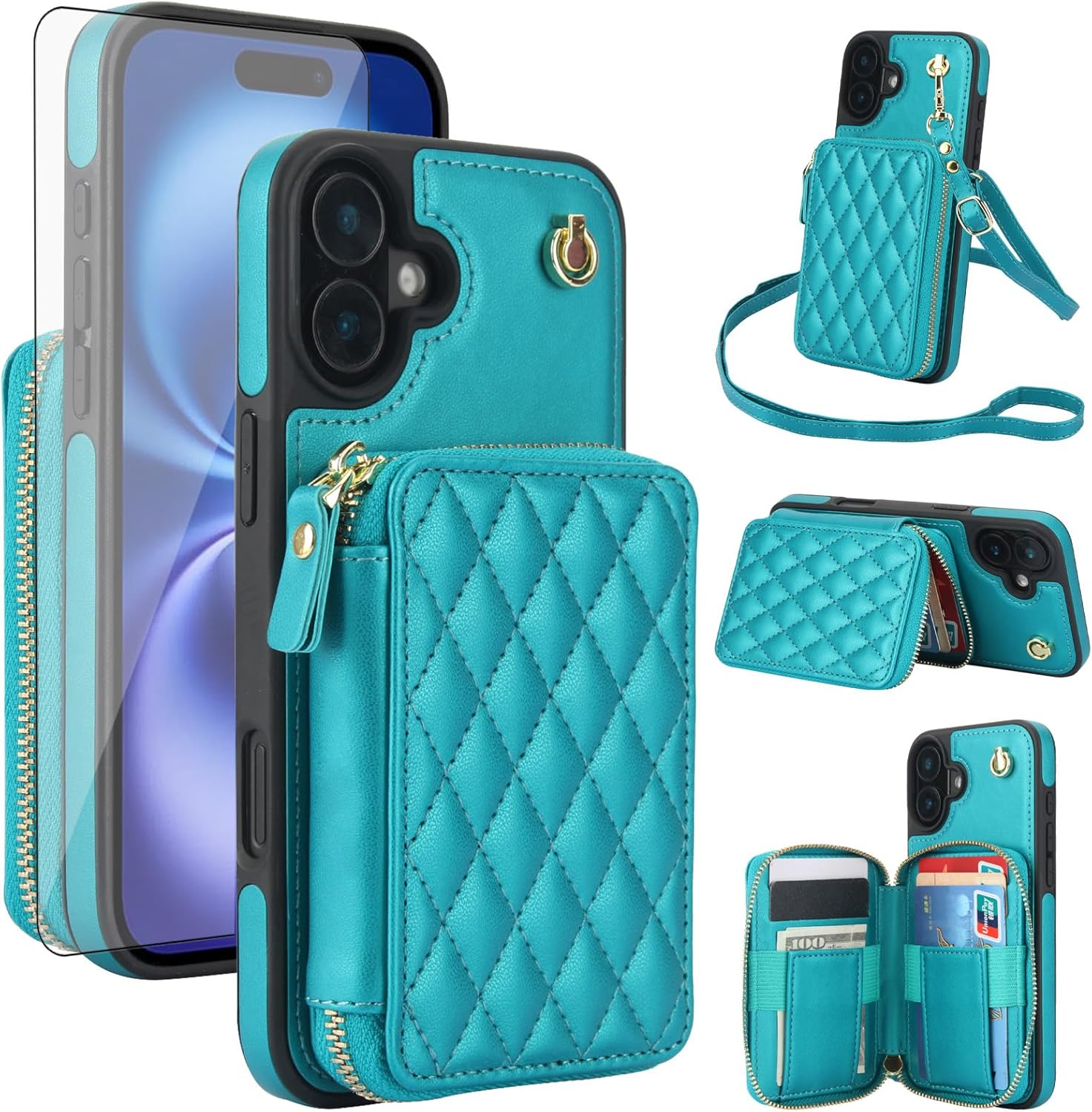 Phone Case for iPhone 16 6.1 inch Wallet Cell Cover with Tempered Glass Screen Protector Wrist Crossbody Strap Lanyard Stand RFID Blocking Credit Card Holder TPU i Phone16 i16 16Case Women Girls Green