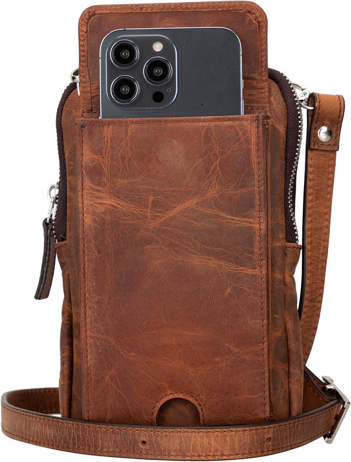 Crossbody Leather Wallet for Man or Women fits iPhone 16 Pro MAX / 17 Pro MAX and All Mobile Devices up to 6.9", Shoulder Bag with Card Holder, Pocket & Chain Strap, Trendy (Vintage Brown)