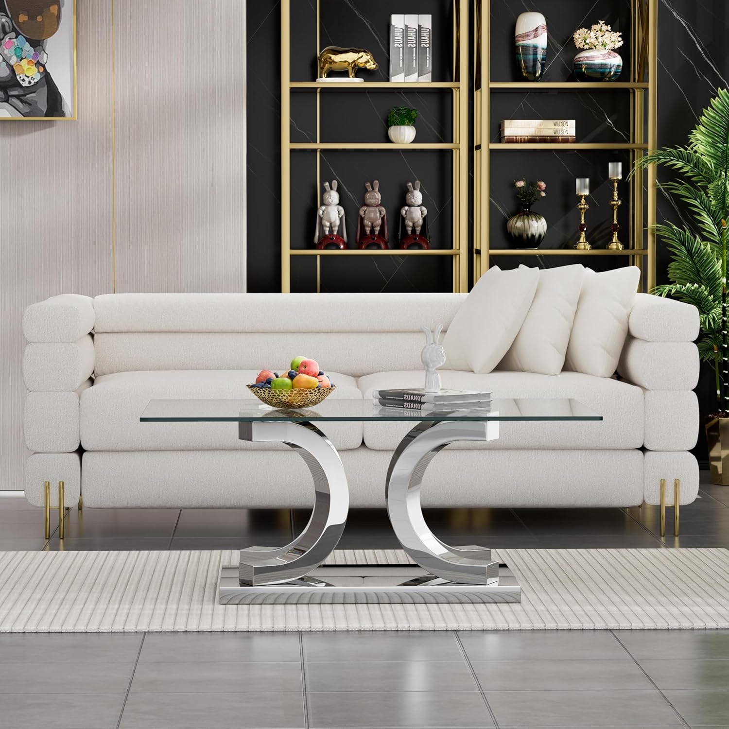 Silver Glass Coffee Table,Luxurious 47.24'' Glass Entryway Table with Tempered Glass Tabletop and Mirror Finished Stainless Steel Base,Modern Glass Center Table for Home