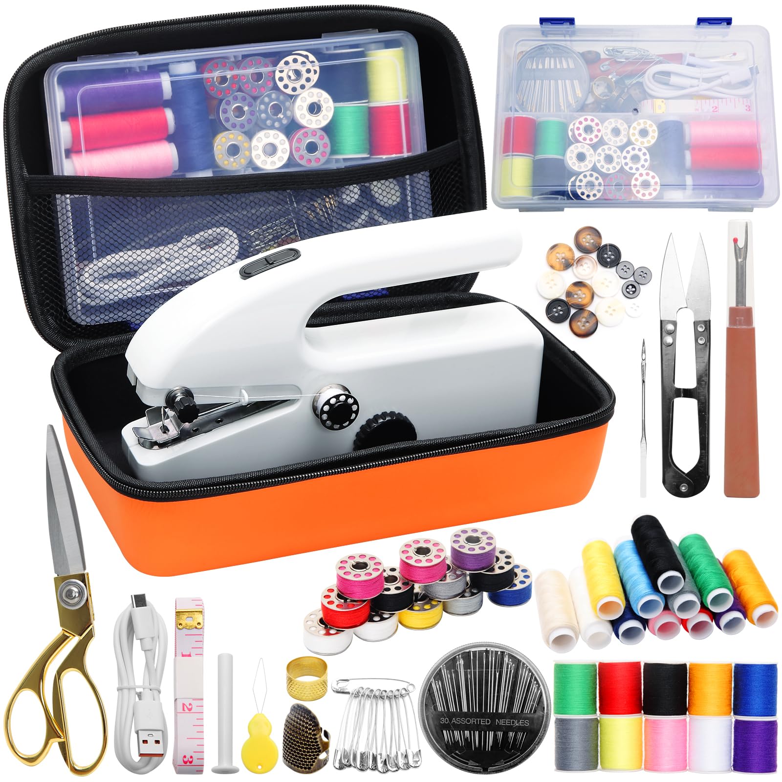 Photo 1 of Hand Held Sewing Machine for Adults & Beginners, with Orange Leather Storage Case and 112 PCS Sewing Kit, Portable Mini Hand Sewing Machine, Assorted Needles, Threads, Heavy Duty Scissors