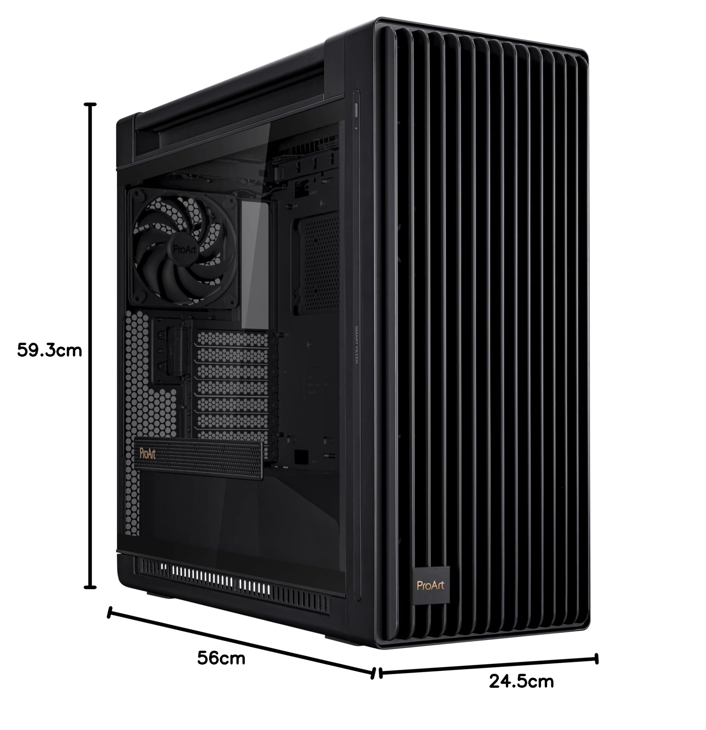 ASUS PROART PA602 TG PWM BLACK Case Gaming E-ATX, obudowa ze szkła hartowanego, uchwyt do radiatora 420 mm, wentylatory 140 mm i 200 mm, czujnik pyłu na podczerwień, boczny wylot powietrza, czarny