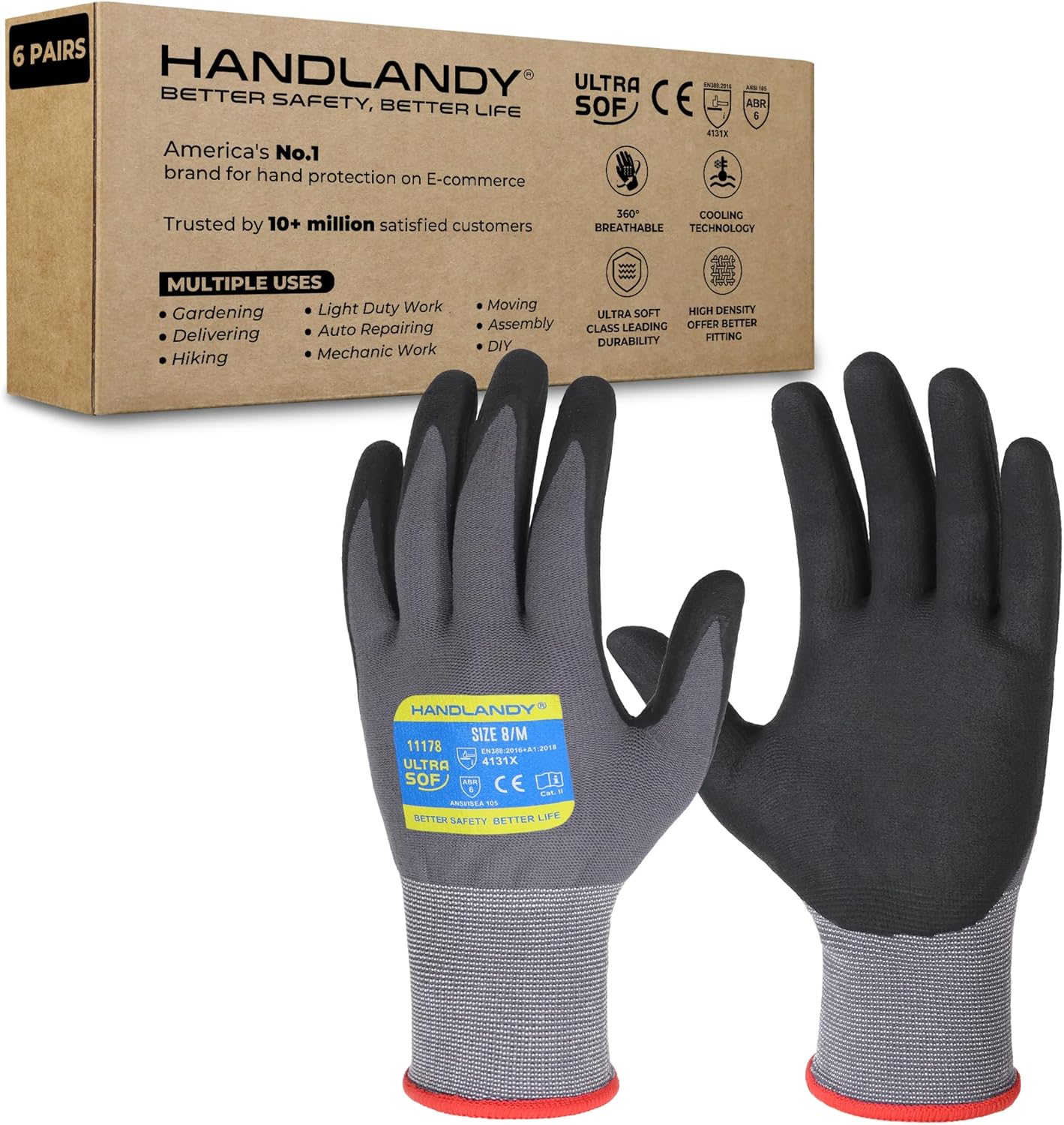 6 Pairs Safety Work Gloves with MicroFoam Nitrile Coated - Breathable Nylon Gloves with Grip for Men & Women