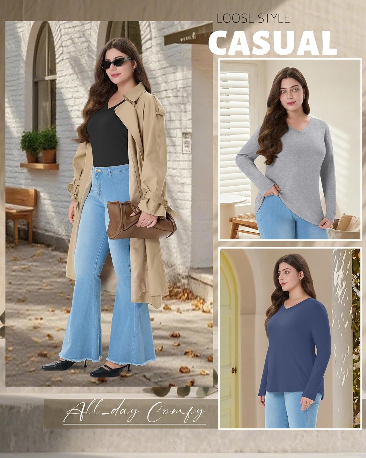 4 Pack Women's Plus Size T Shirts Long Sleeve V Neck Tops Basic Loose Fit Curved Hem Tunic Clothes - Image 6