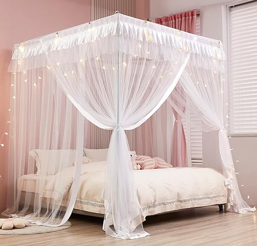 Amazon.com: Mengersi Princess 4 Corners Post Bed Curtain Canopy ...