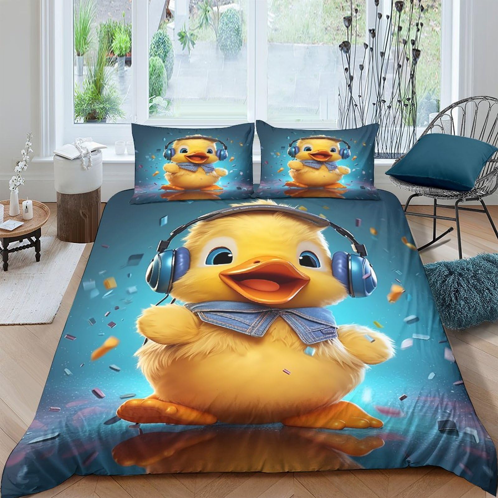 Ctjqhvkz Style-2 3D Printed Cute Duck Fitted Sheet Microfiber Soft Non-Slip Cartoon Headphones Bed Cover For Bedroom Guestroom Decor Single（135X200cm）
