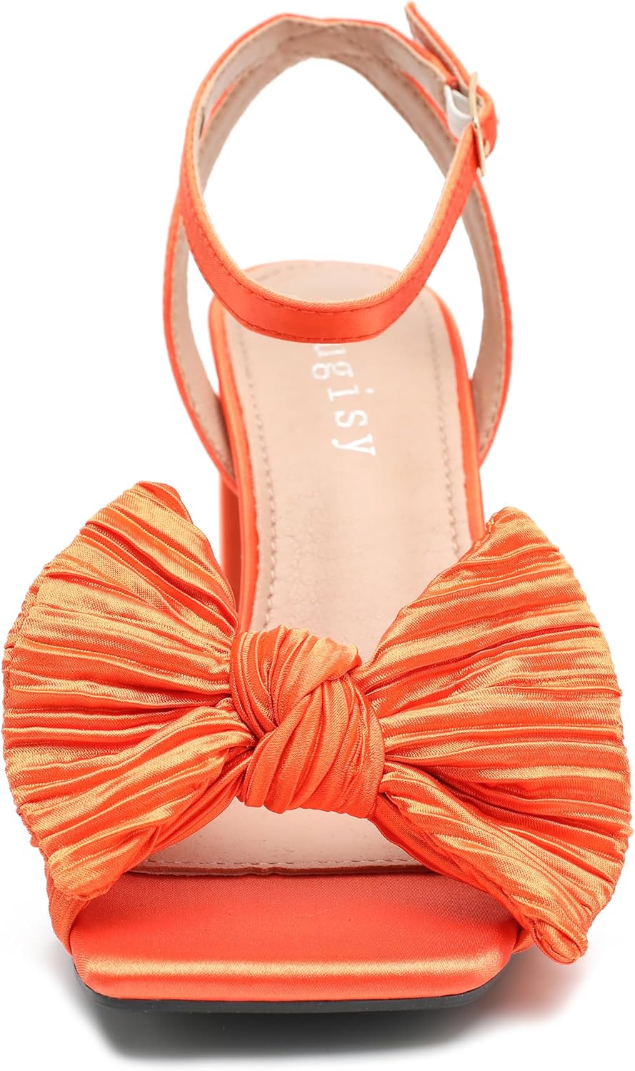 Women's Bow Knot Heeled Sandals Bowknot Pleated Ankle Strap Open Toe Chunky High Heels Wedding Bridal Party Dress Shoes Orange 46-12US - Image 4