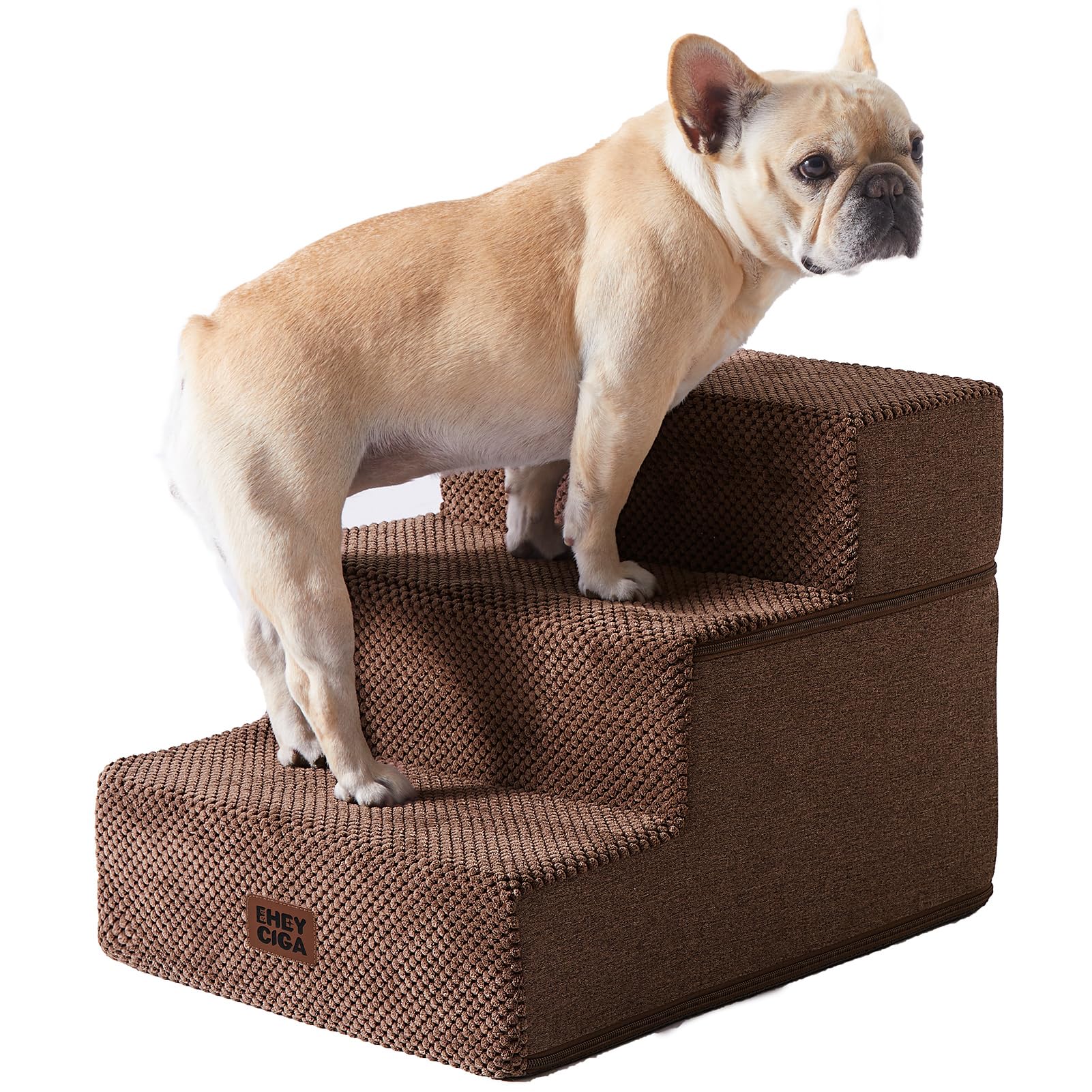 EHEYCIGA Dog Stairs for Small Dogs 13.5" H, 3-Step Dog Steps for Cats, Brown