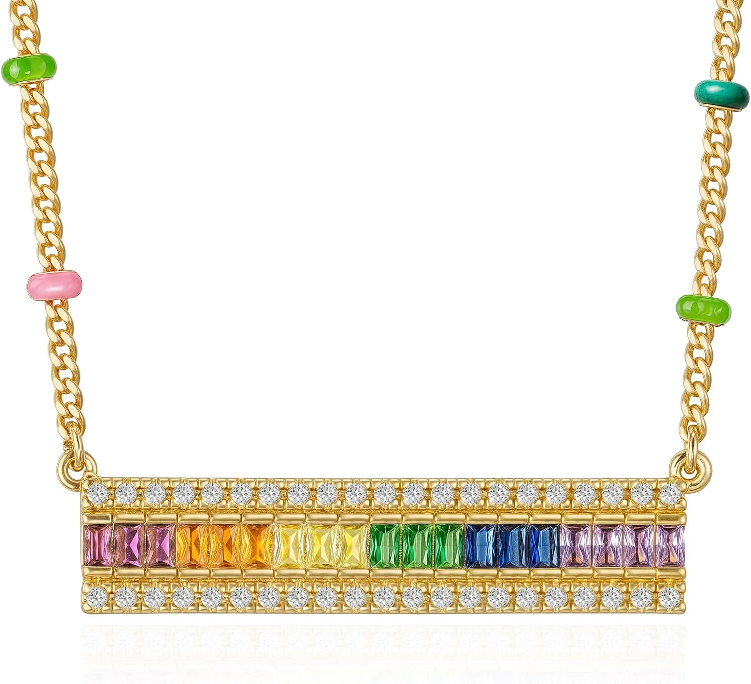Fettero Dainty 14K Gold Plated Cubic Zirconia Necklaces for Women, Simple Bar Pendant Necklace, Mix-color Rainbow Jewelry Gold Necklace for Women Trendy Gifts