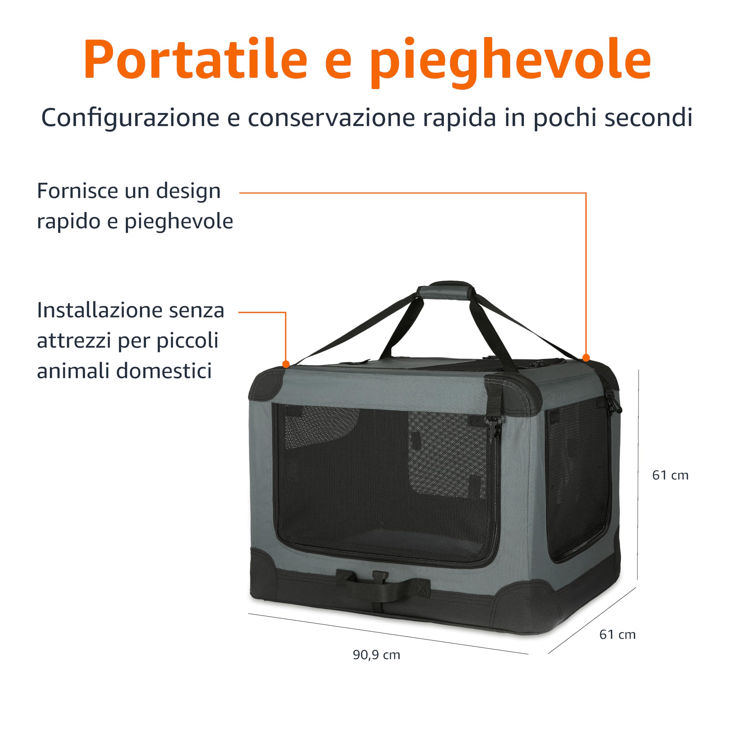 Amazon Basics Trasportino portatile e pieghevole a 4 porte, Gatti, cani, conigli e altri piccoli animali, da viaggio, con lati morbidi, Grigio, L 91 cm x 61 cm x 61 cm