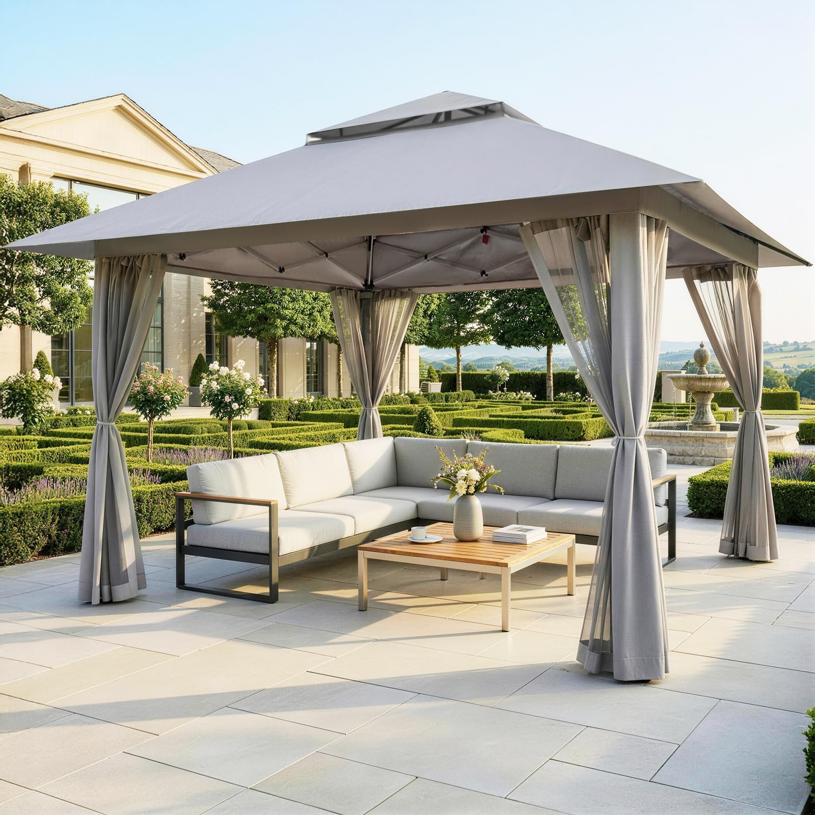 CROWN SHADES Tonnelle de Jardin 4x4 m Pop Up Gazebo Imperméable Abri Réglable en Hauteur Double Toit Côtés Maille Zippée Gris