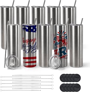 AGH 10 Pack 20oz Sublimation Straight Skinny Stainless Steel Vacuum Insulated Tumblers with Lid and Straw, Keeping Chilled up to 12 Hours