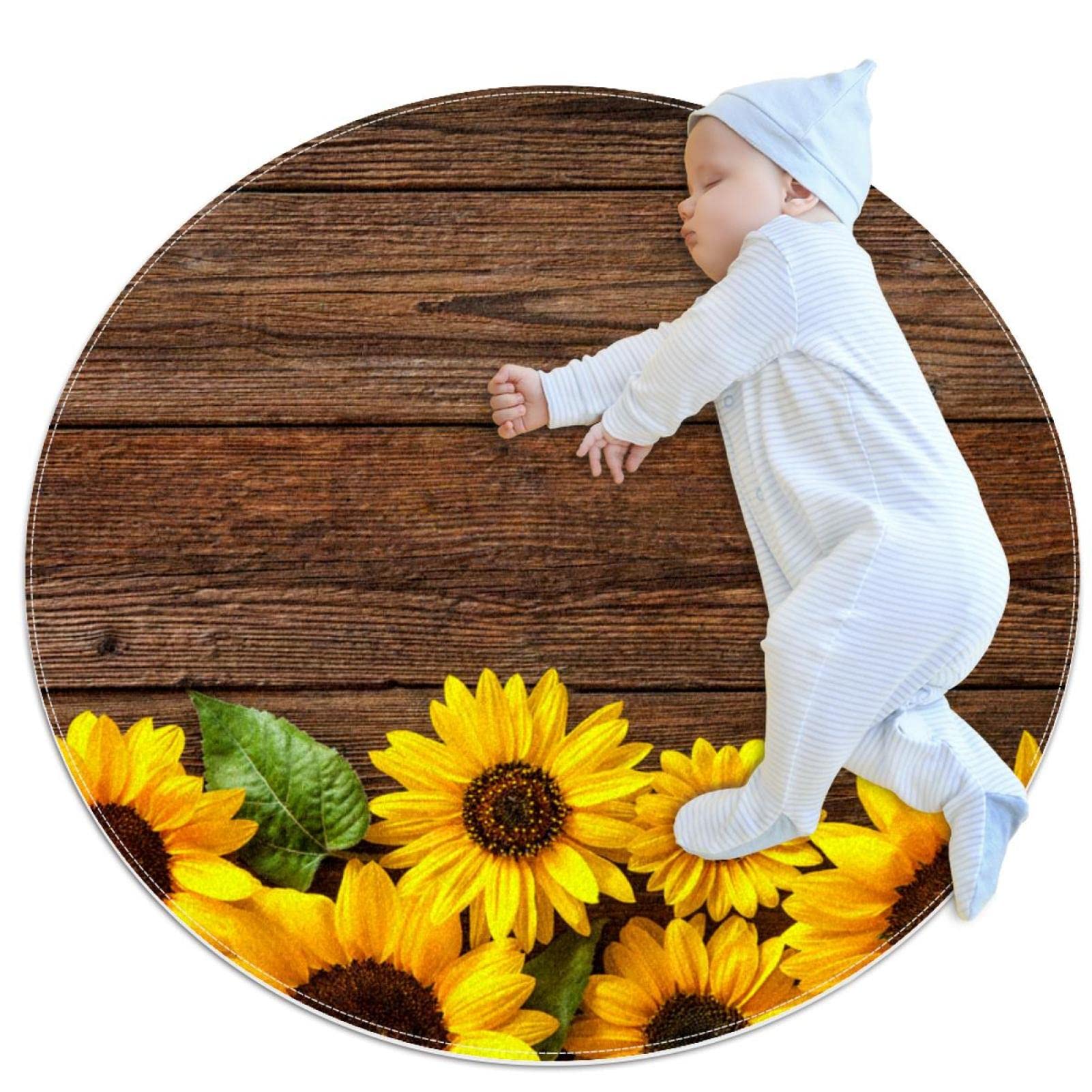 Tapis rond tournesols 100x100cm JDEZ au motif floral effet bois