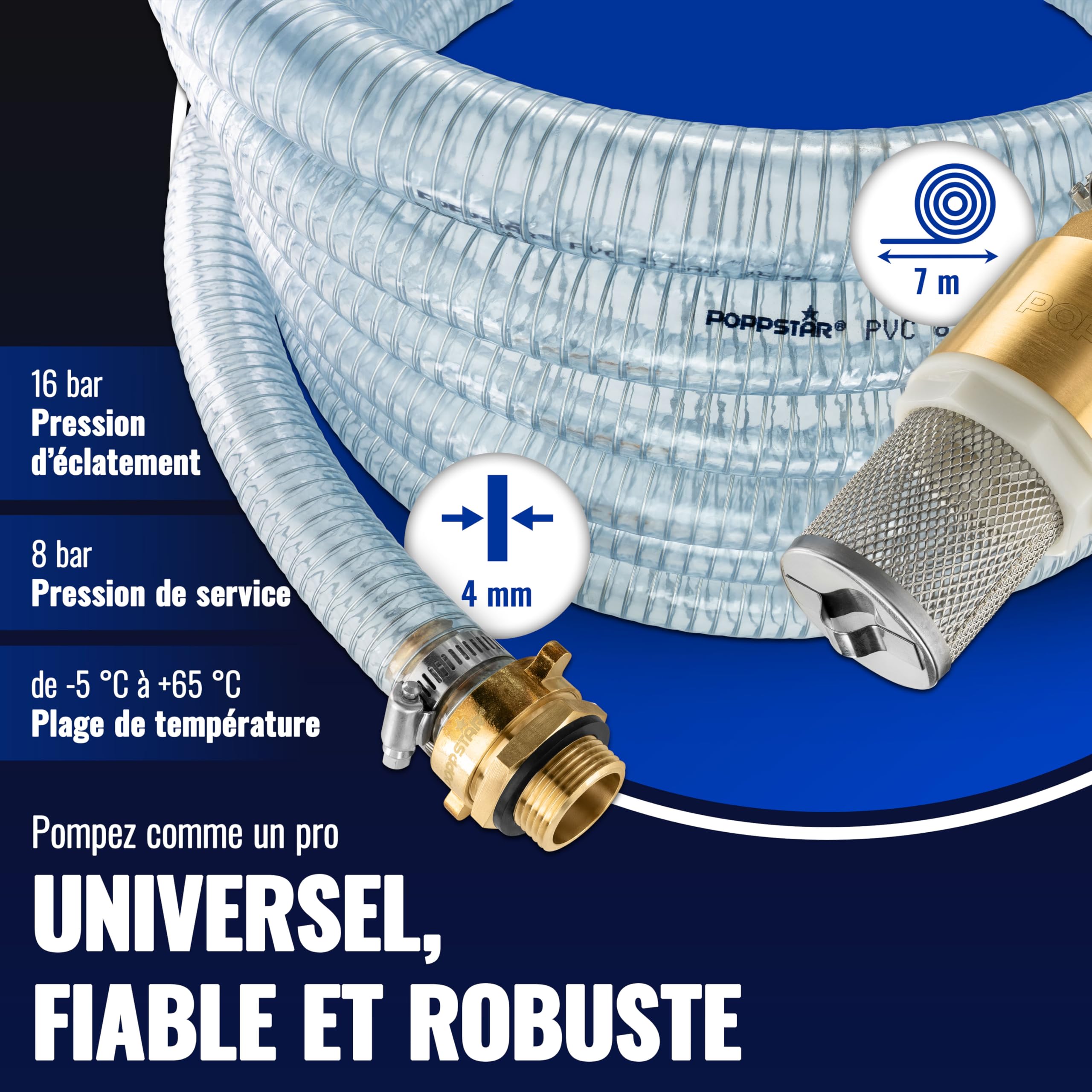 Poppstar Tuyau d'aspiration 1 pouce 7 m (DI 25 / DE 33 mm, Paroi 4 mm), crépine inox clapet anti-retour, écrou-raccord DI 1 1/4" (41,9 mm), réducteur DE 1" (33,3 mm)
