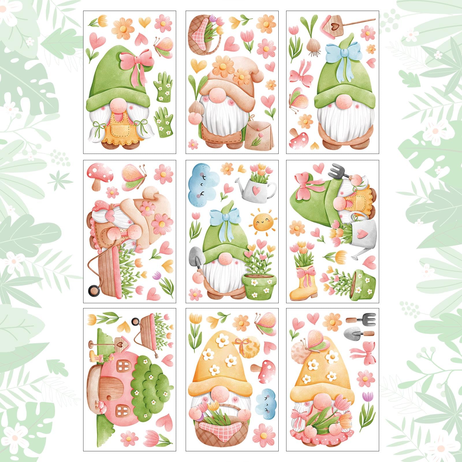 JULMELON 9 Sheets Spring Gnome Window Cling, Double-Sided Stickers, Reusable Colorful Tulip Flower Static Decals for School Home Office Accessories Party Decorations