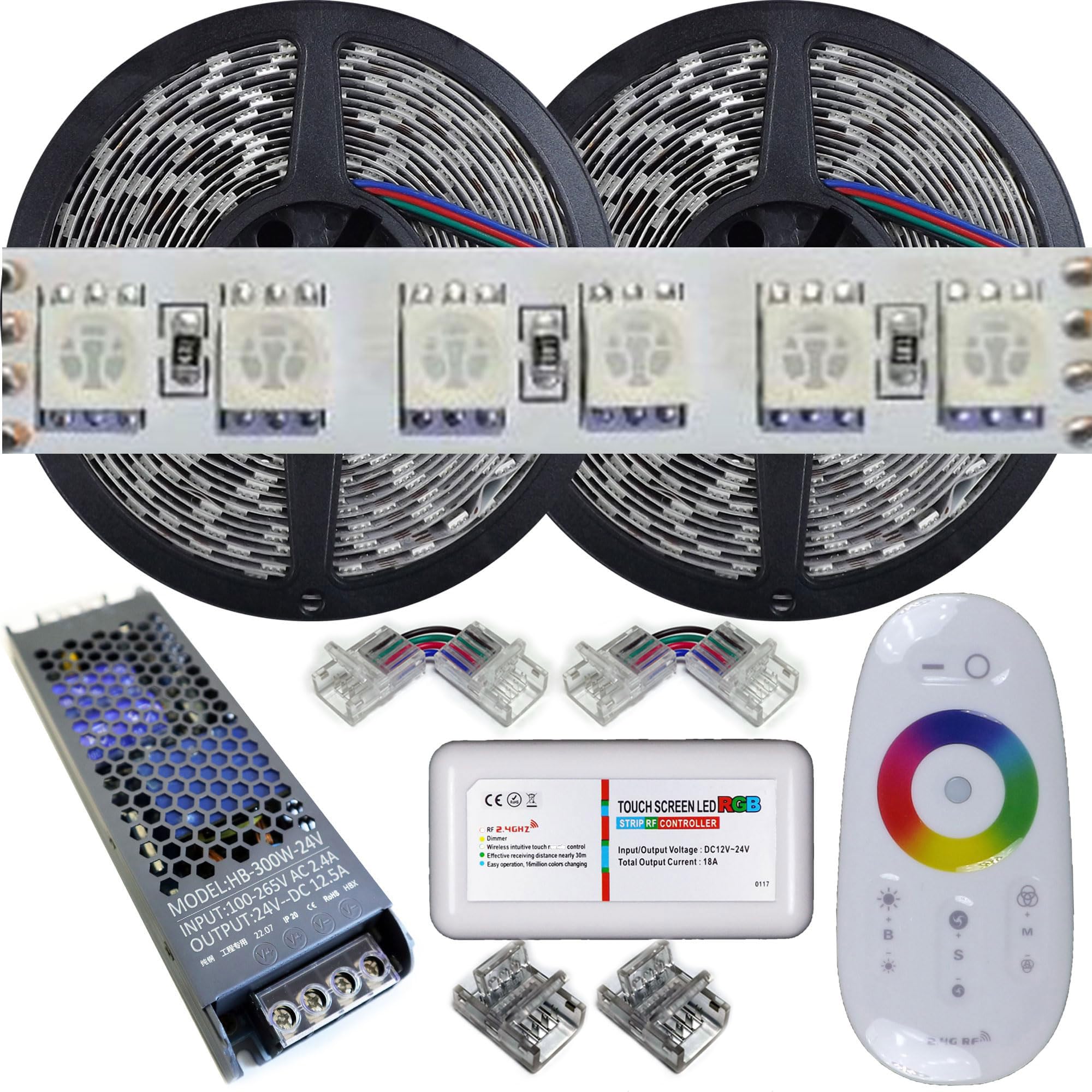 Kit da 10 metri (2 Bobine+1 trasformatore da 300w +1Controller) RGB, 1200Led, 240Watt, 20.000 Lumen 24V RGB. Striscia Led Strip ip20