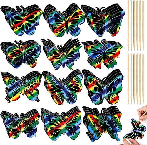 Miniatura 1 de Mezchi Juego de 120 tarjetas de arte para rascar de mariposa, papel de rascar arcoíris con 12 palos de bambú para manualidades, recuerdo de fiesta