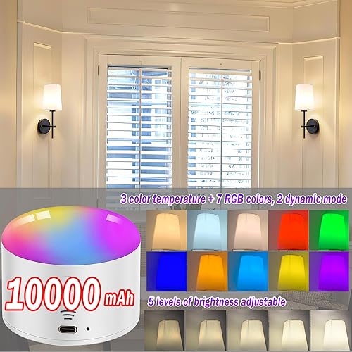 Miniatura 5 de Juego de 2 apliques de pared a pilas, lámpara de pared inalámbrica regulable con control remoto, pantalla de tela blanca para dormitorio, fácil de