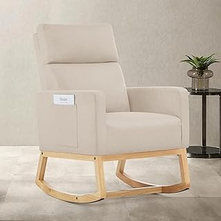 Aunekiv Nursing Rocking Chair, High Back Linen Nursery Rocking Chair for Adults, Nursery Armchair with Side Pockets and Wood Base for Living Room Bedroom, Beige