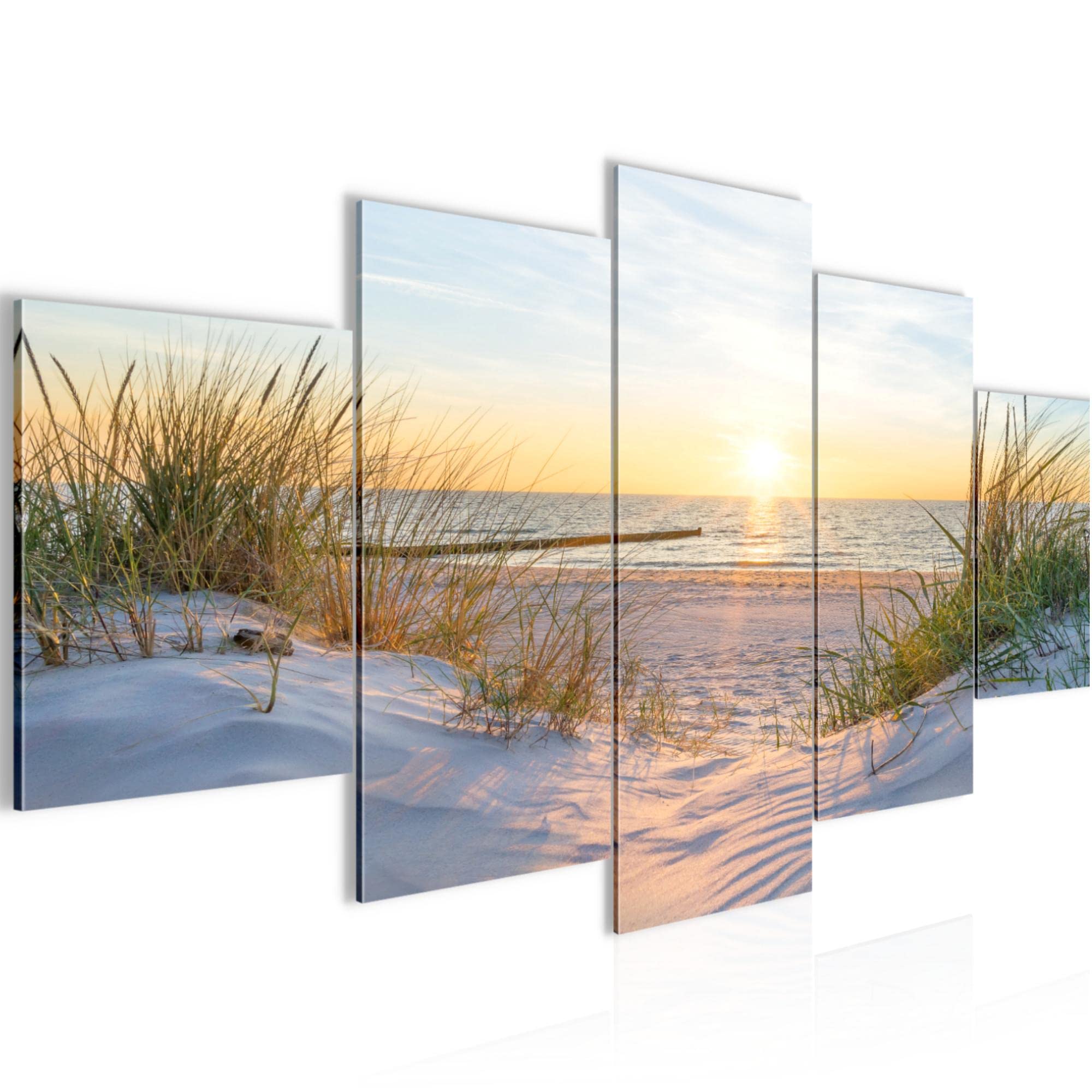 Runa Art - Quadri Spiaggia Tramonto 200 x 100 cm 5 Pezzi XXL Decorazione Murale Design Beige blu 041751a