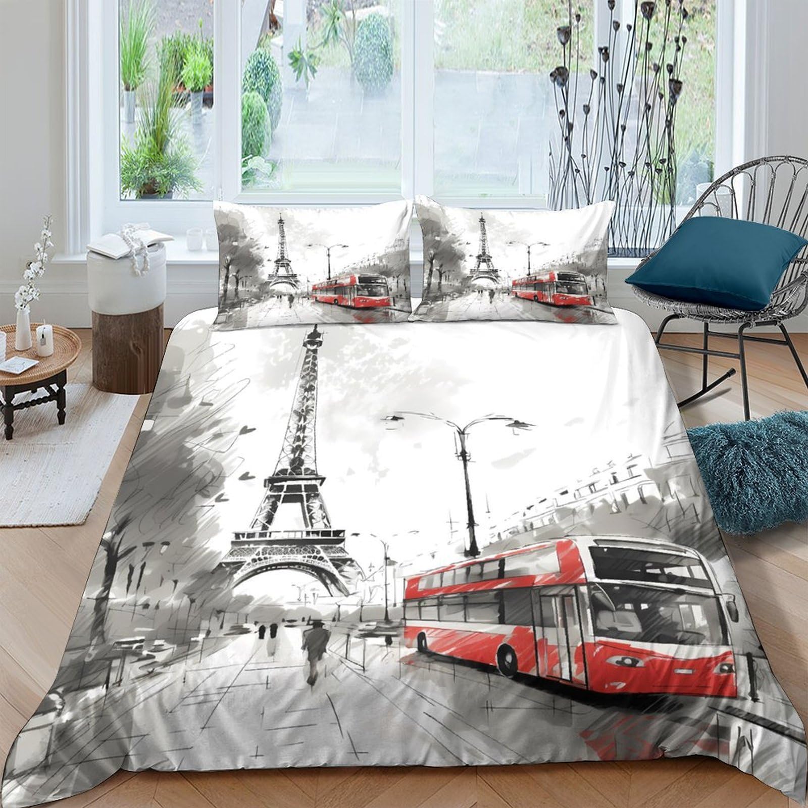 Ctjqhvkz Style-6 3D Printed Eiffel Tower Fitted Sheet Microfiber Soft Breathable Red London Bus Bed Cover Bedroom Dorm Mattress Decor Single（135X200cm）