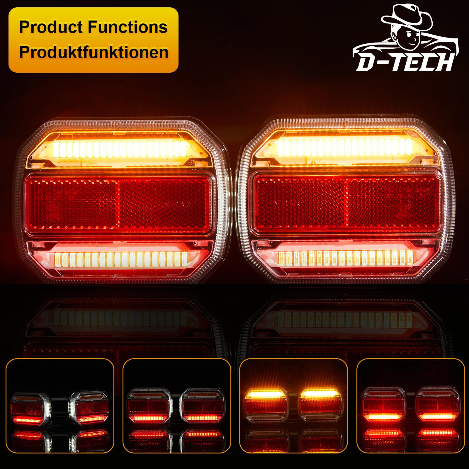 D-TECH LED feux arrière de remorque magnétique sans fil, feux arrière dynamiques étanches sans câble,Kit plaque de feux remorque sans fil magnétique 12V 24V,approuvé ECE R10 EMC