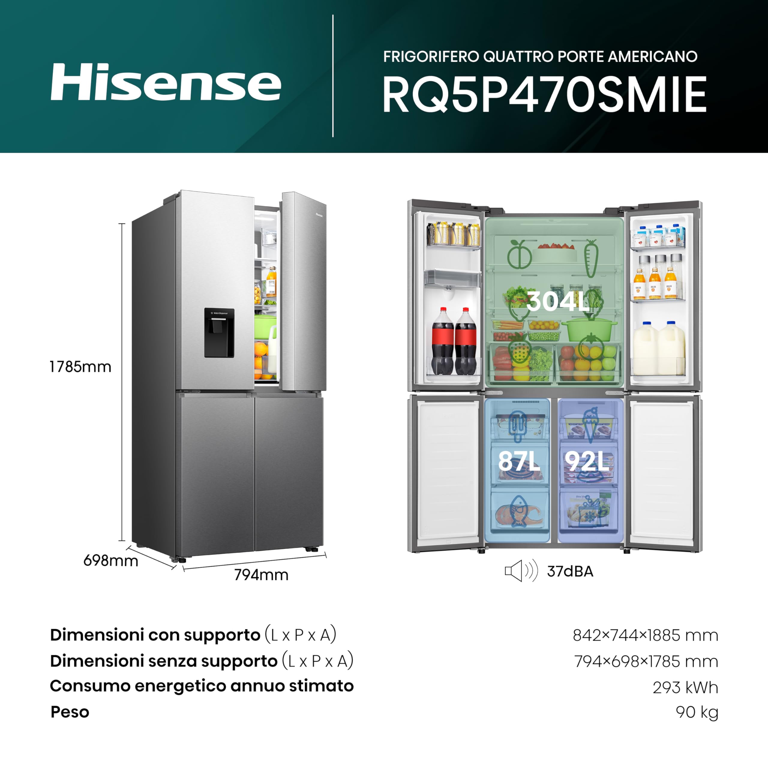 Refrigeratore Americano 4porte Hisense RQ5P470SMIE Class E - Dettaglio