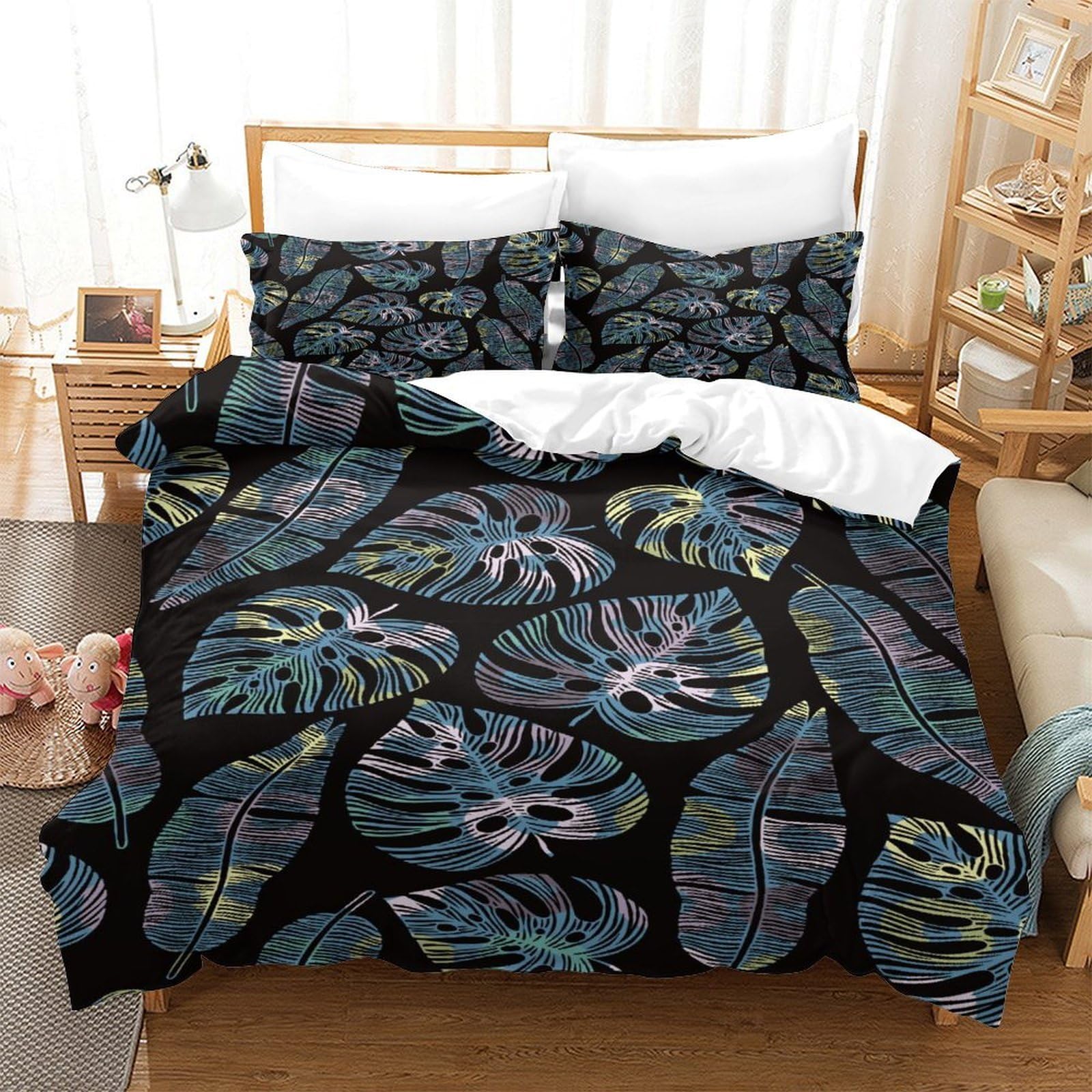 Housse de couette feuilles tropicales anti-transpiration en microfibre douce pour lit simple