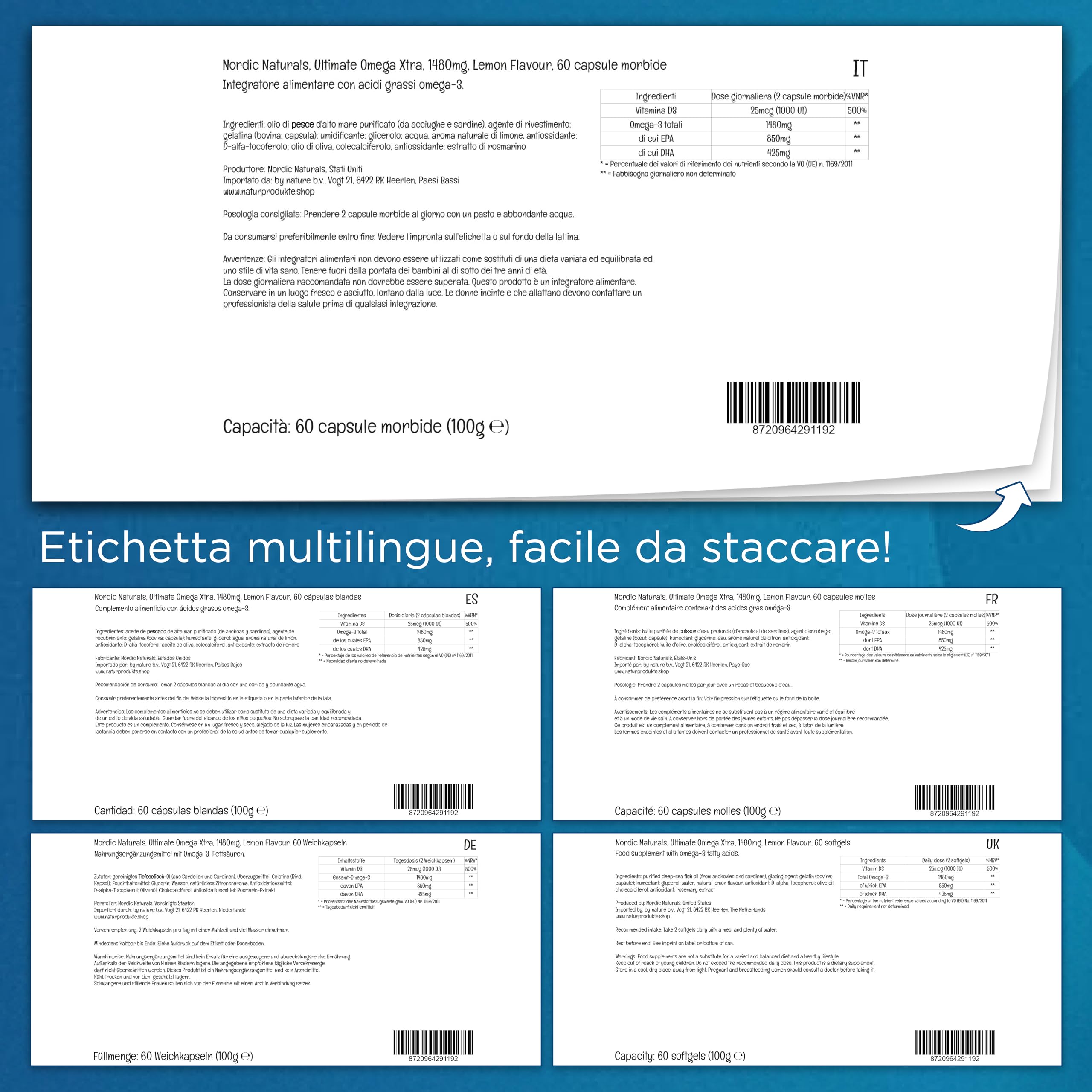 Nordic Naturals, Ultimate Omega Xtra, 1480 mg, con EPA, DHA e Vitamina D3, Altamente Dosato, Gusto Limone, 60 Capsule morbide, Testato in Laboratorio, Senza Soia, Senza Glutine, Non OGM