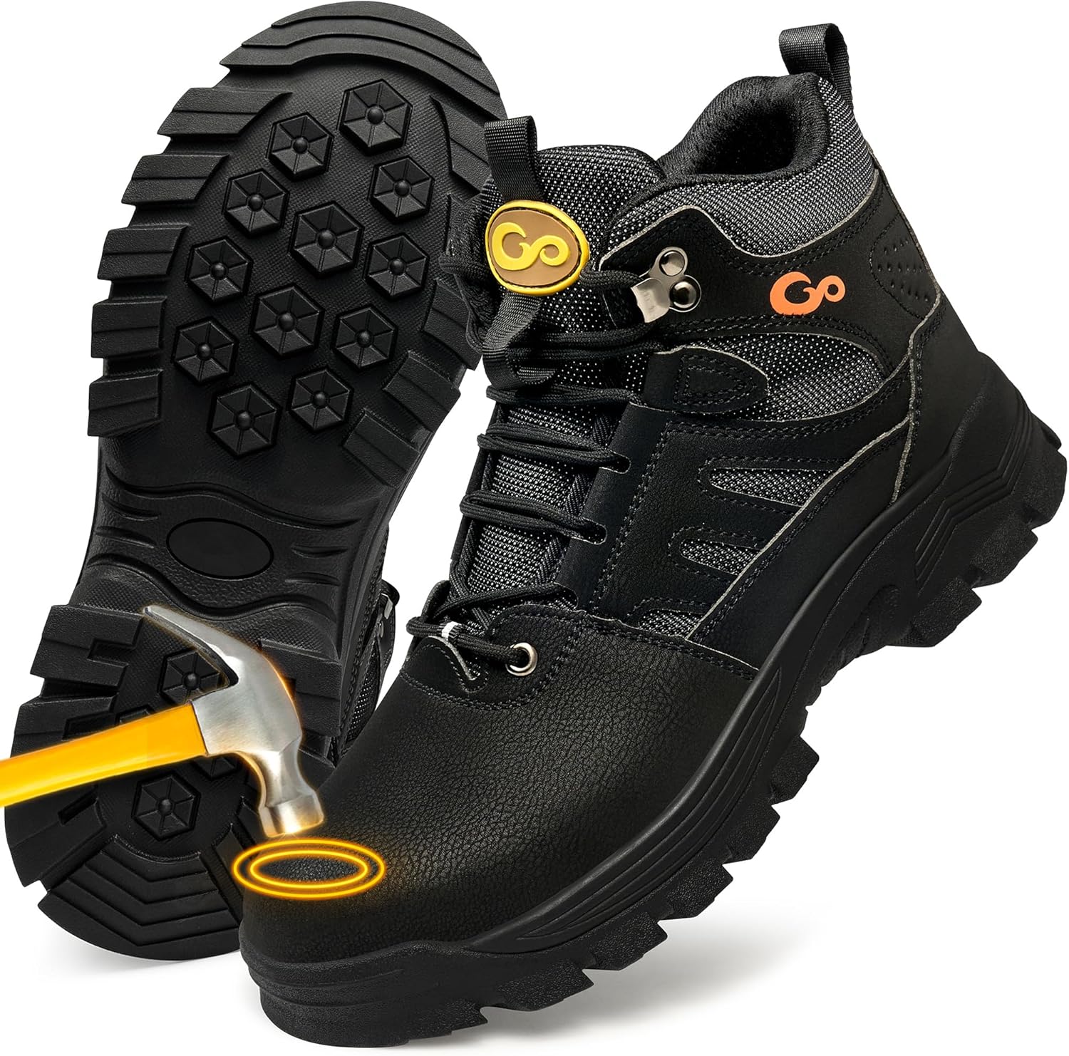 HARENCE Mens Steel Toe Work Boots Comfortable Slip Resistant Safety Boot Durable Waterproof Construction Shoes