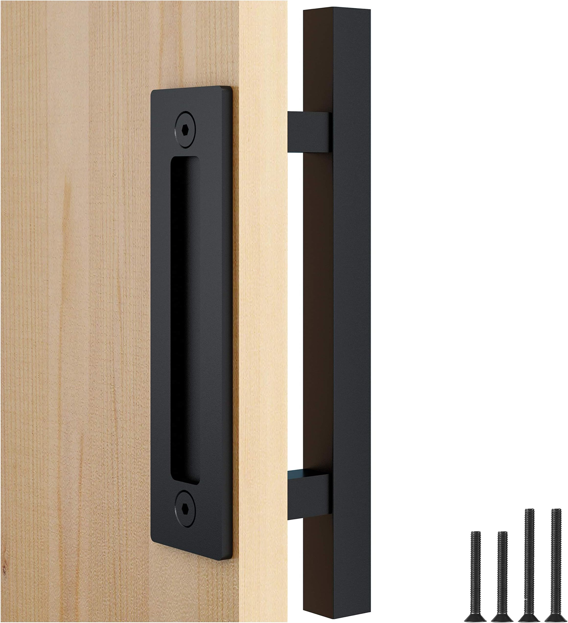 FaithLand 12" Barn Door Handle with Flush Finger Pull, Pull and Flush Door Handle Set in Black, Square - Fit Doors Up to 2 3/8''