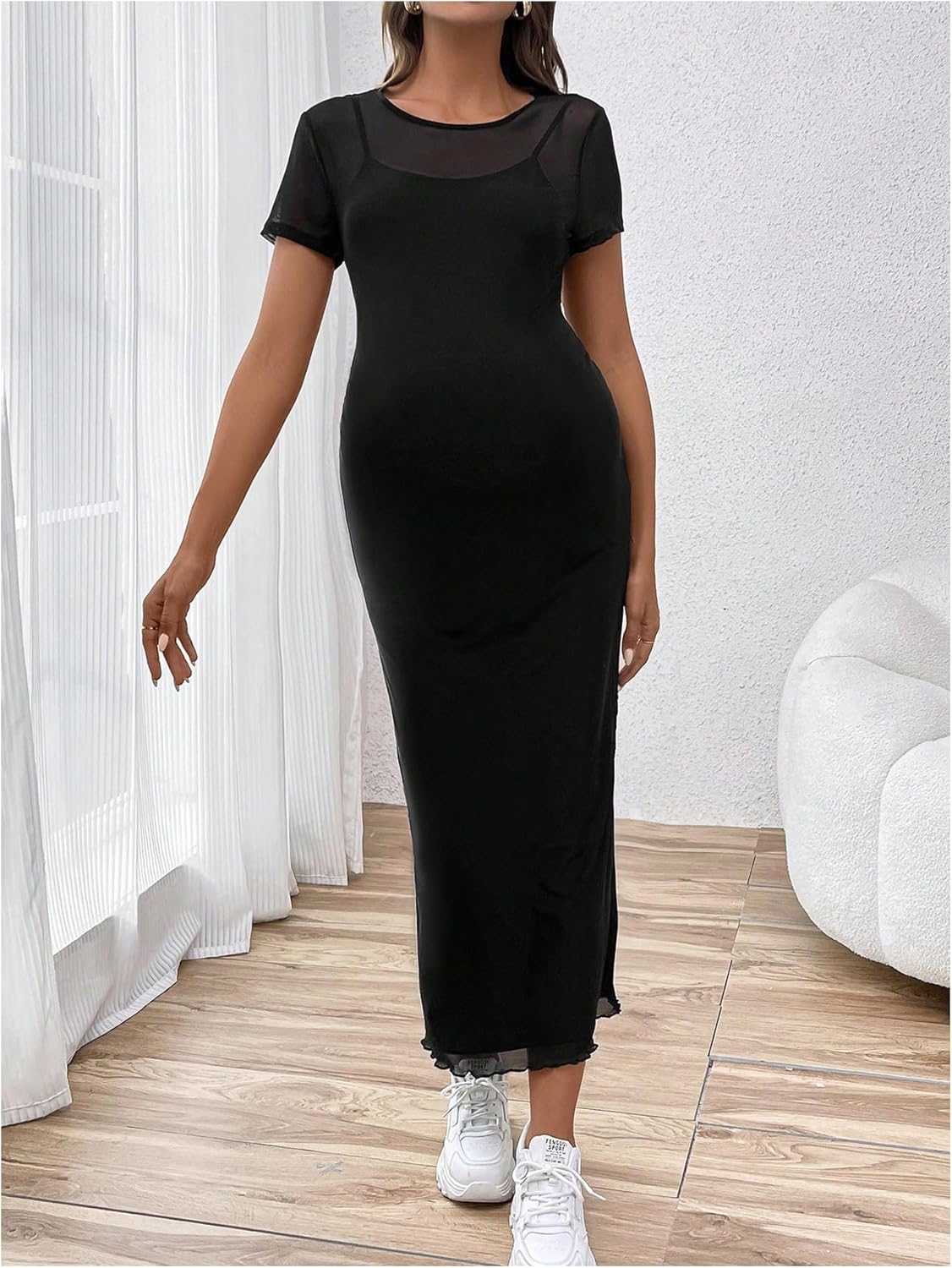 MakeMeChic Women's Maternity Dress Mesh Short Sleeve Bodycon Pregnancy Maxi Dresses - Image 4