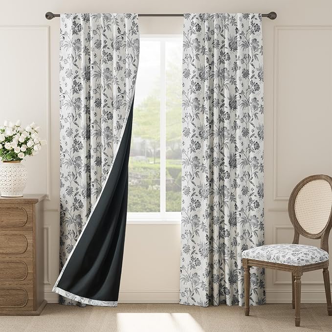 jinchan Blackout Floral Curtains for Bedroom, 84 Inches Long Printed Flower Black Out Curtains, French Country Back Tab Blue Window Treatment Farmhouse Drapes Set 2 Panels Blue
