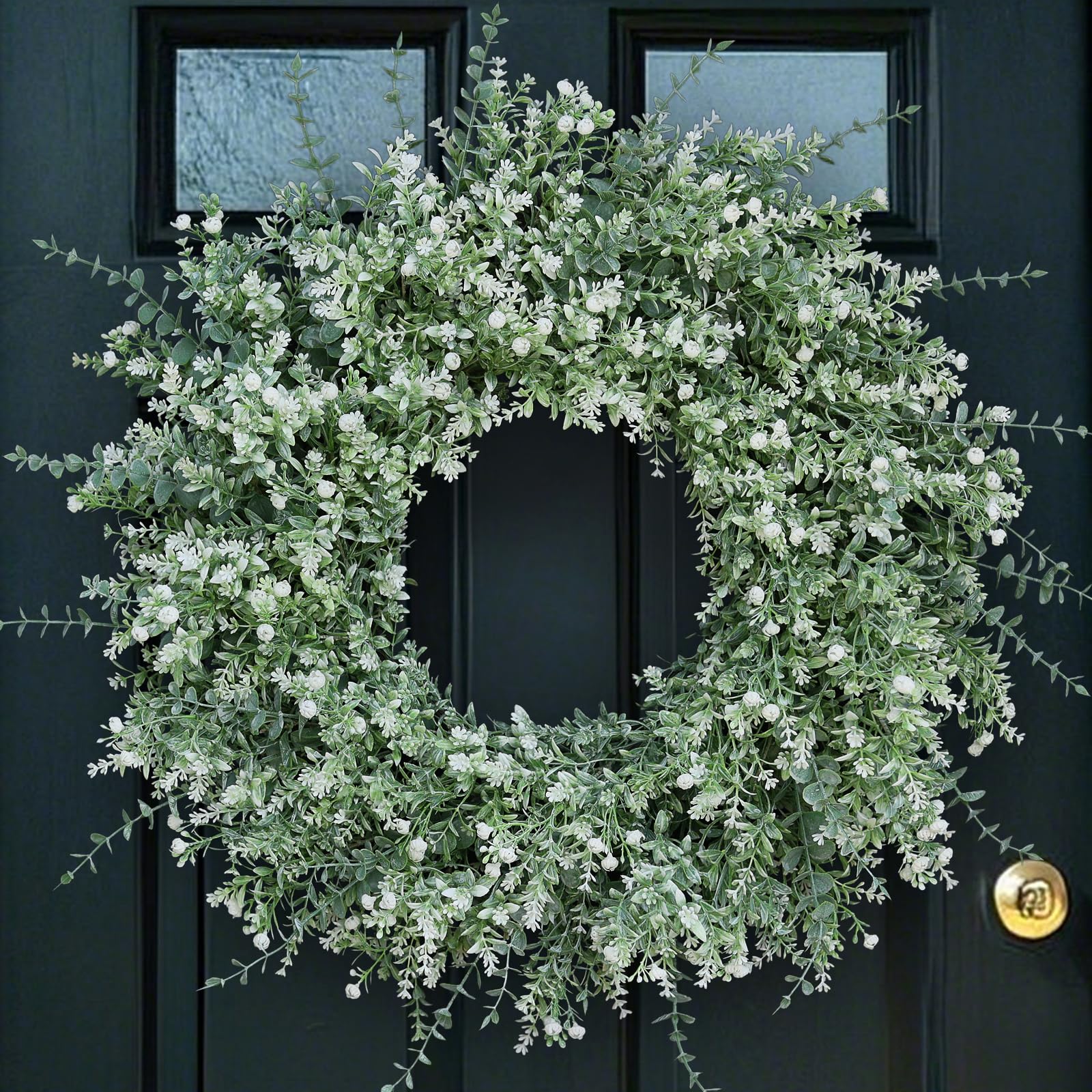Corona grande de eucalipto de 26 pulgadas para puerta delantera, porche, eucalipto artificial y lavanda con flores de aliento de bebé para el hogar, decoración de pared de granja, primavera, verano