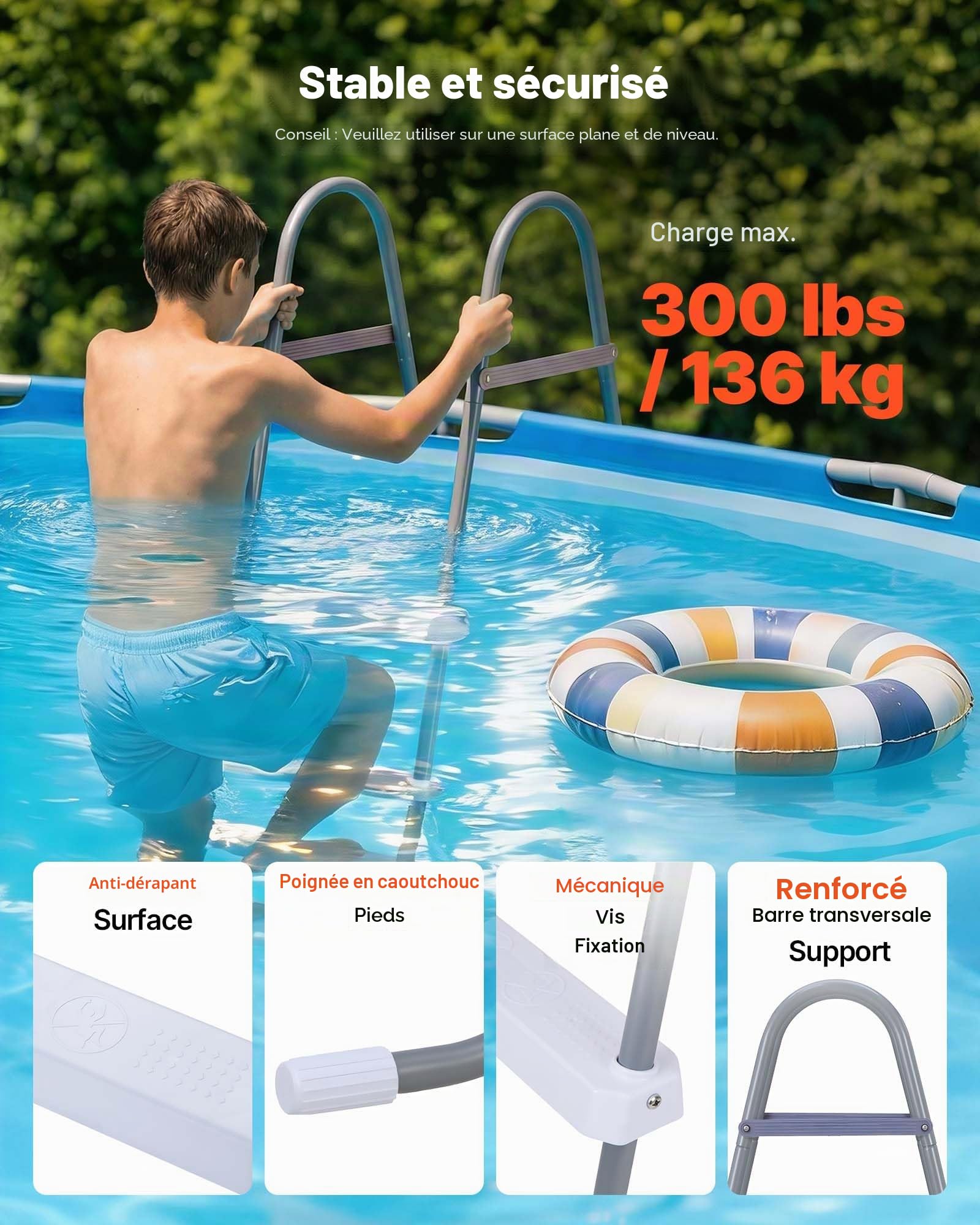 VEVOR Échelle de Piscine Hors Sol 122 cm Acier Carbone 4 Marches PP Antidérapantes Capacité Charge 136 kg Gris Blanc