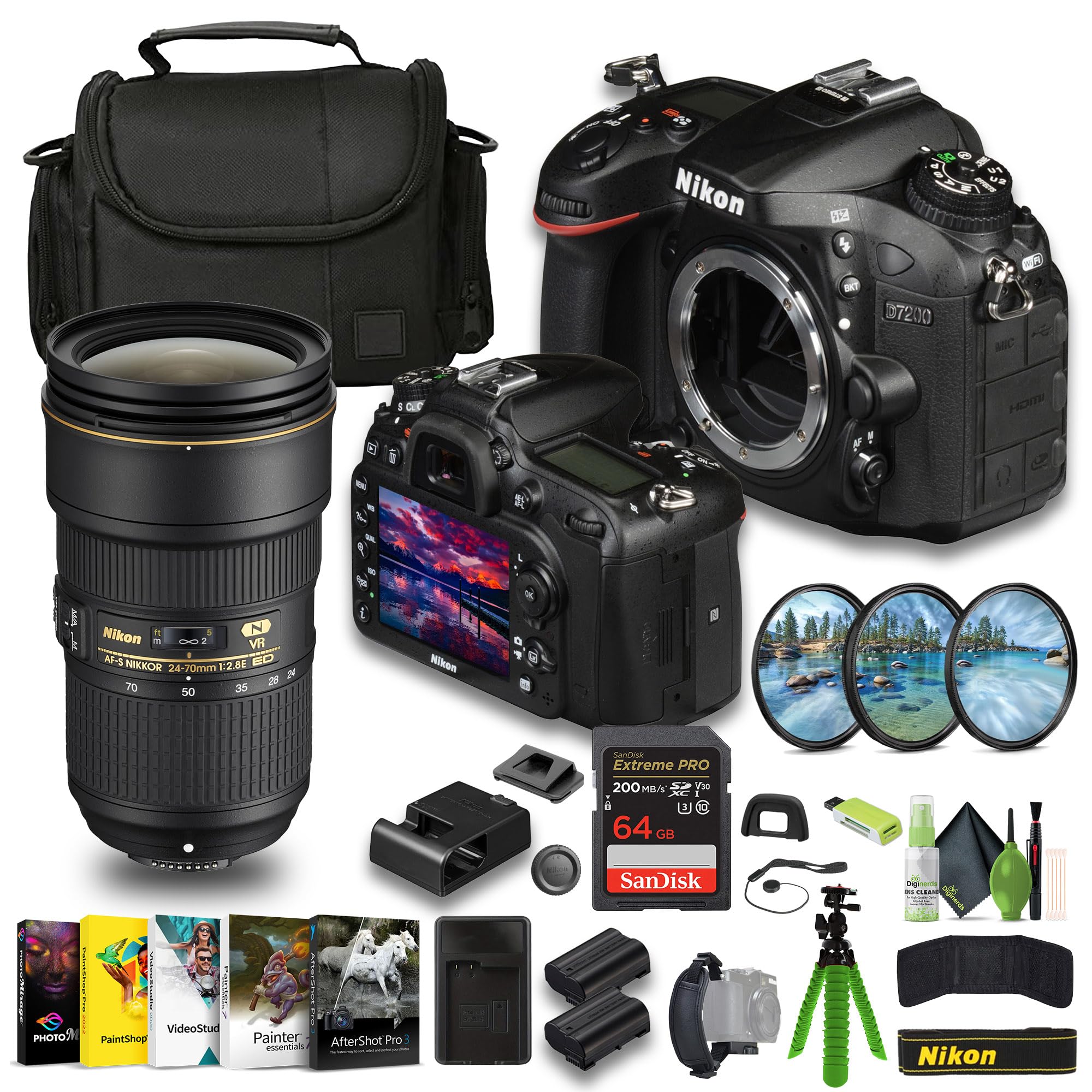 Nikon D7200 24.2 MP DX-Format Digital SLR Camera + EN-EL15C Battery + Extreme PRO 64GB Card + 12 Inch Flex Tripod + Photo Editing Software AF-S NIKKOR 24-70mm f/2.8E ED VR Lens + More