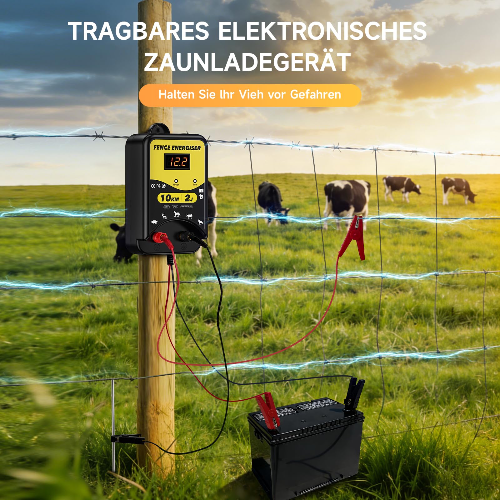 Elektrozaungerät 12V, 2J, Wasserdicht Elektrischer Weidezaun Wasserdicht mit LED-Anzeige, Weidezaungerät für Tiere wie Rinder, Pferde, Schweine, Ziegen