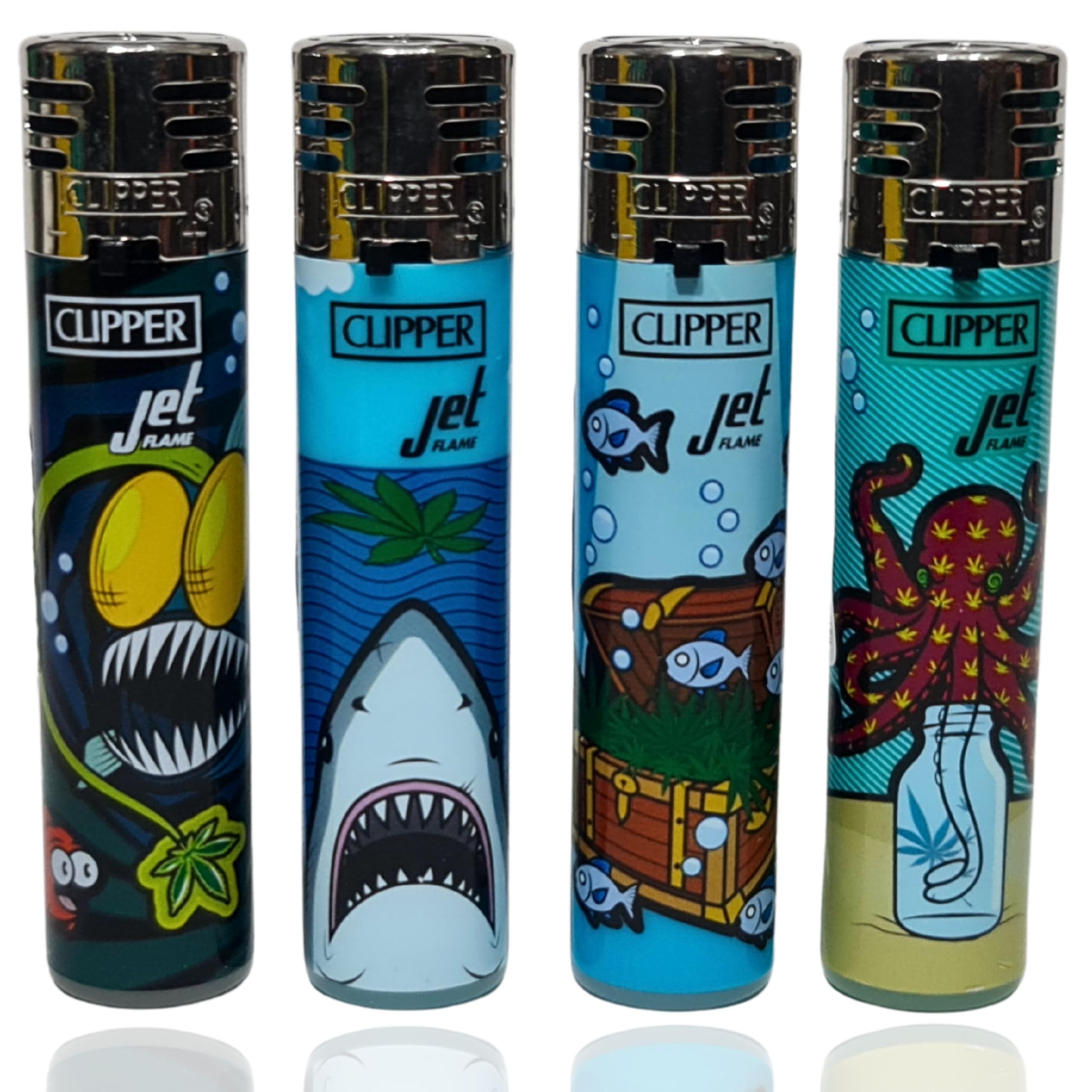 Zactly - 4 x Clipper Lighters Round Jet Black Silver Top Windproof Refillable (Shark Jaws)