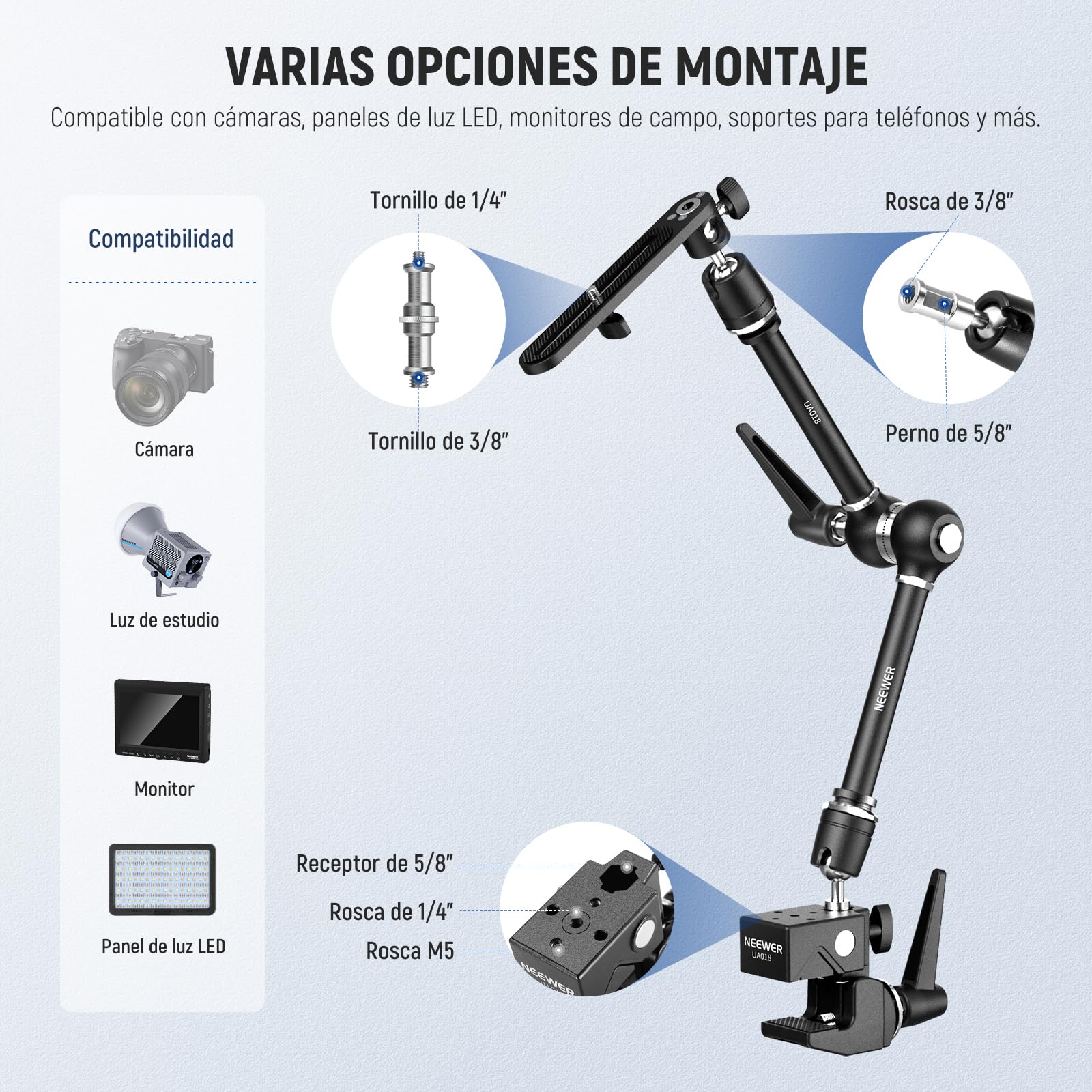 NEEWER 21" Brazo Mágico Montaje Cámara con Super Clamp,Soporte Escritorio Superior con 360° Cabezal Bola Dual,Adaptador Perno 1/4" 3/8" 5/8" para PA073 PA074 Phone Cage Rig DSLR Cámara Monitor, UA018